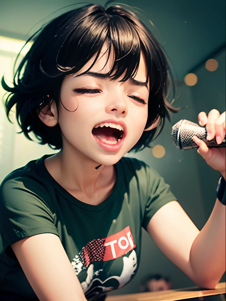 ((Screaming)),Reaching the climax:1.3,One girl closing her eyes, short-cut、masutepiece、Bottoms are randomly generated、( Cucumber illustration printed shirt )、Dark hair、GI Cut、wristbands、Background bokeh:1.5