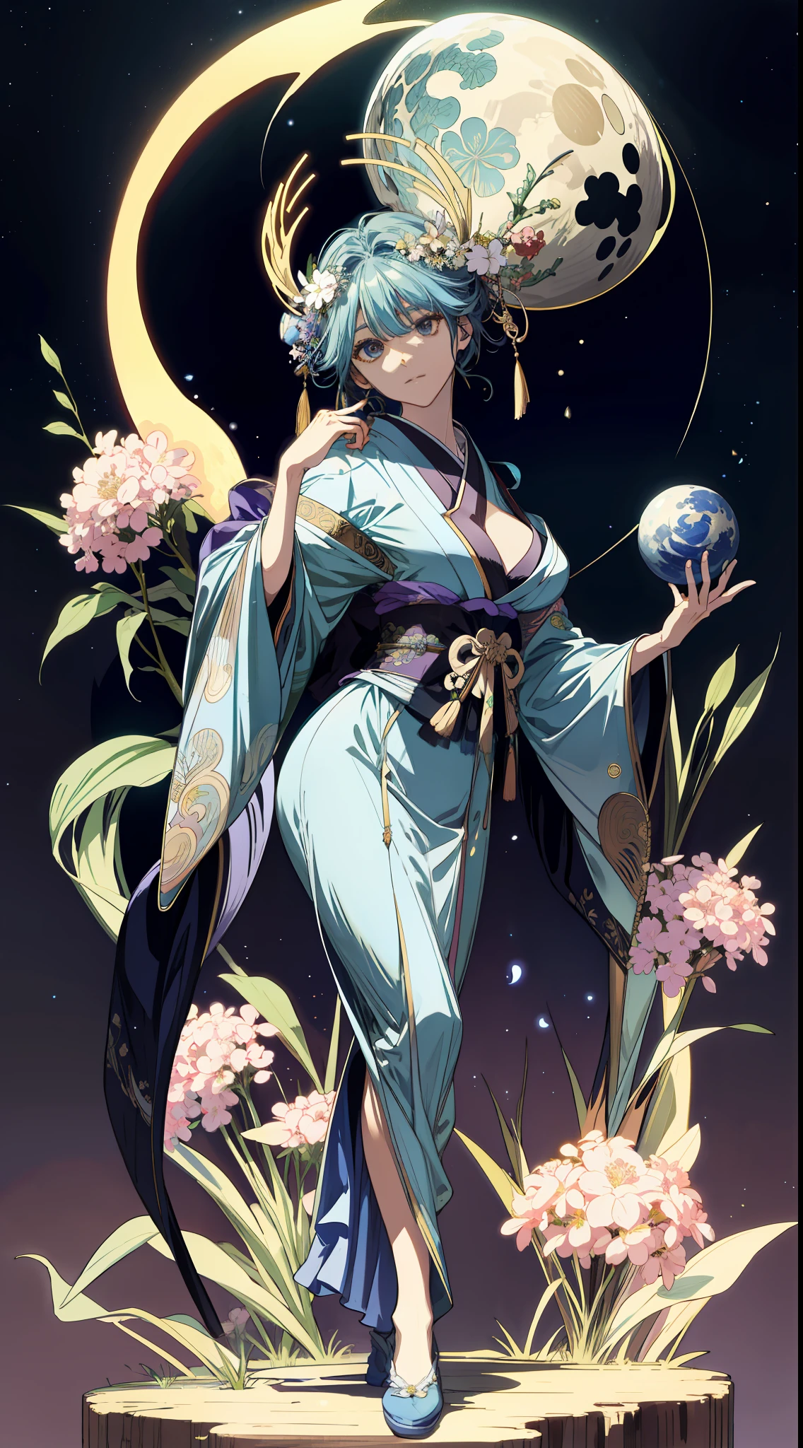 (absurderes、A high resolution、ultra - detailed)、独奏、femele、Wearing a kimono、Large full 、cabelos preto e longos、Earth Eye、Fireworks decoration、Victorian style、a matural female、A detailed face、Hut\tarot cards\、stone monument、夏天、a moon、Symbolism、visual art、occult、Visual projection、pop inspo、art by、Alphonse Mucha,