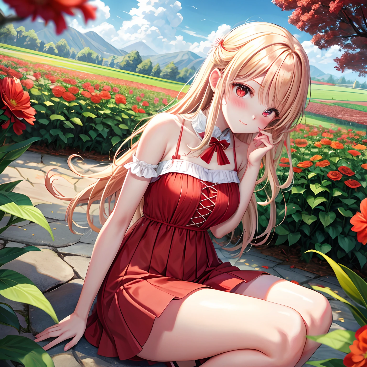 a blond、red eyes、One pretty girl、独奏、animesque、flower  field、red blush、camisole、a miniskirt、Underwear is slightly visible
