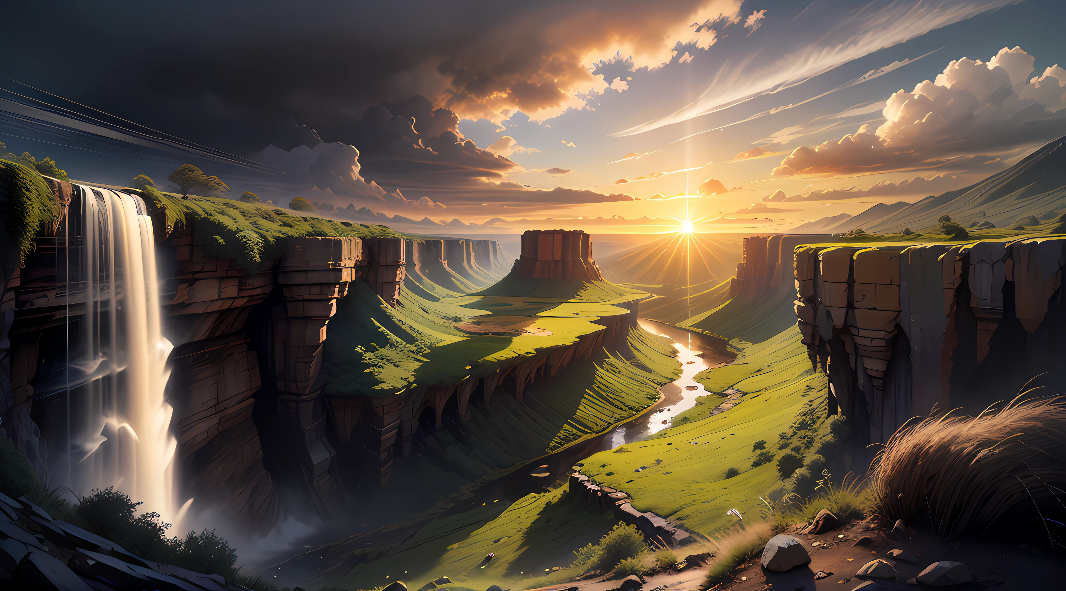 Colorful, Backlight, Rift Valley, sunset, prairie, waterfall