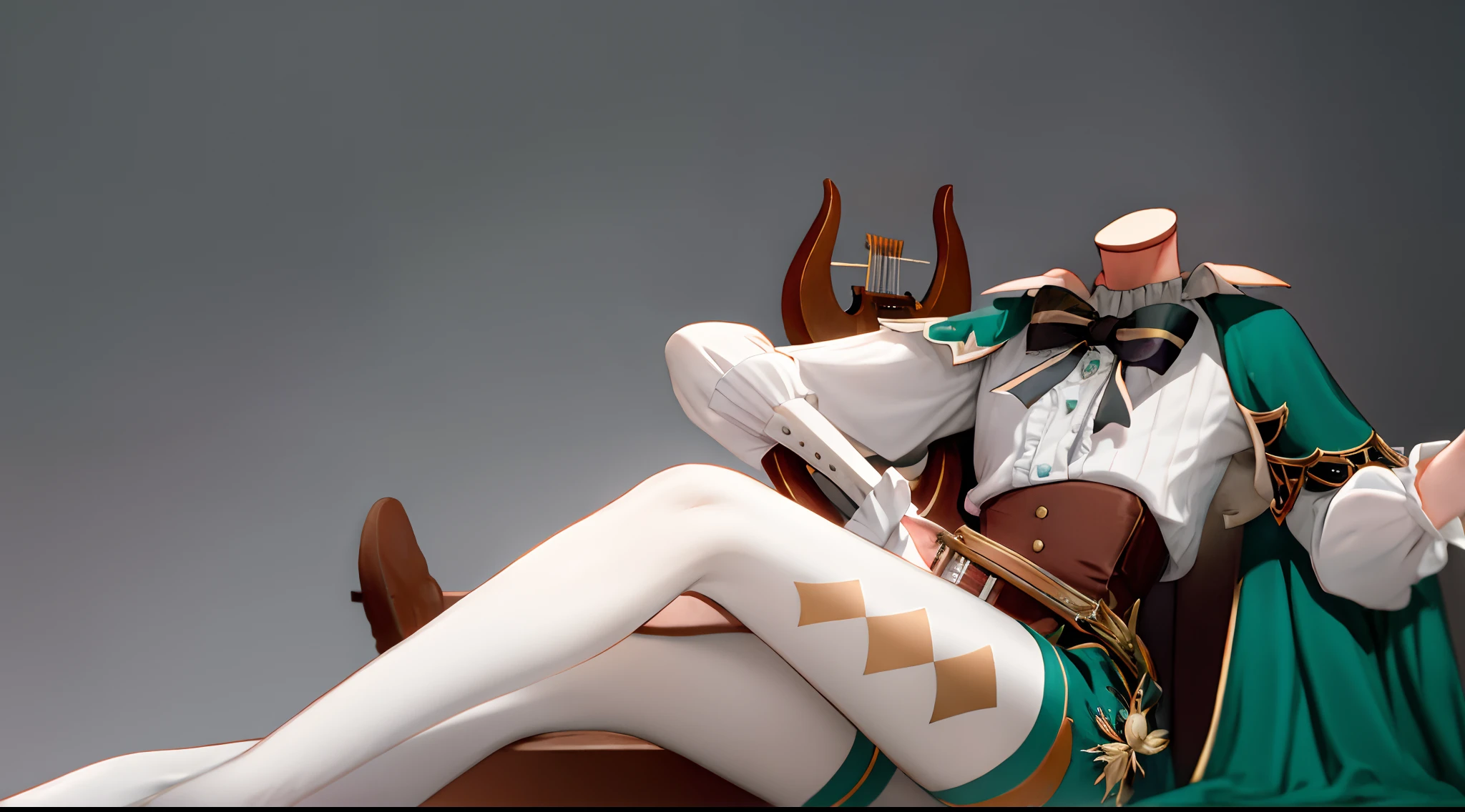 masterpiece, best quality,1boy, male focus, venti (genshin impact), lyre,  braid, long sleeves, twin braids,  instrument, pantyhose, vision (genshin impact), bow, shorts,   white pantyhose, green shorts, collared cape, bangs,shirt, jewelry,  white shirt, brooch, cape, androgynous, frilled sleeves, frills, corset,   (grey background:1.4),(kbxll:0.6), solo, sitting on the floor, headless