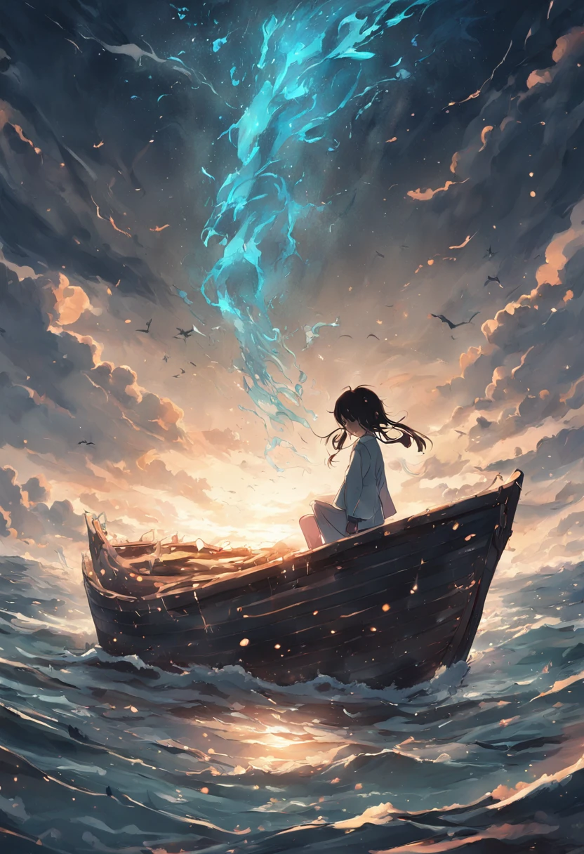 An open diary floating at sea,The book is tattered,Rain hit the sea,Dark and gloomy sky