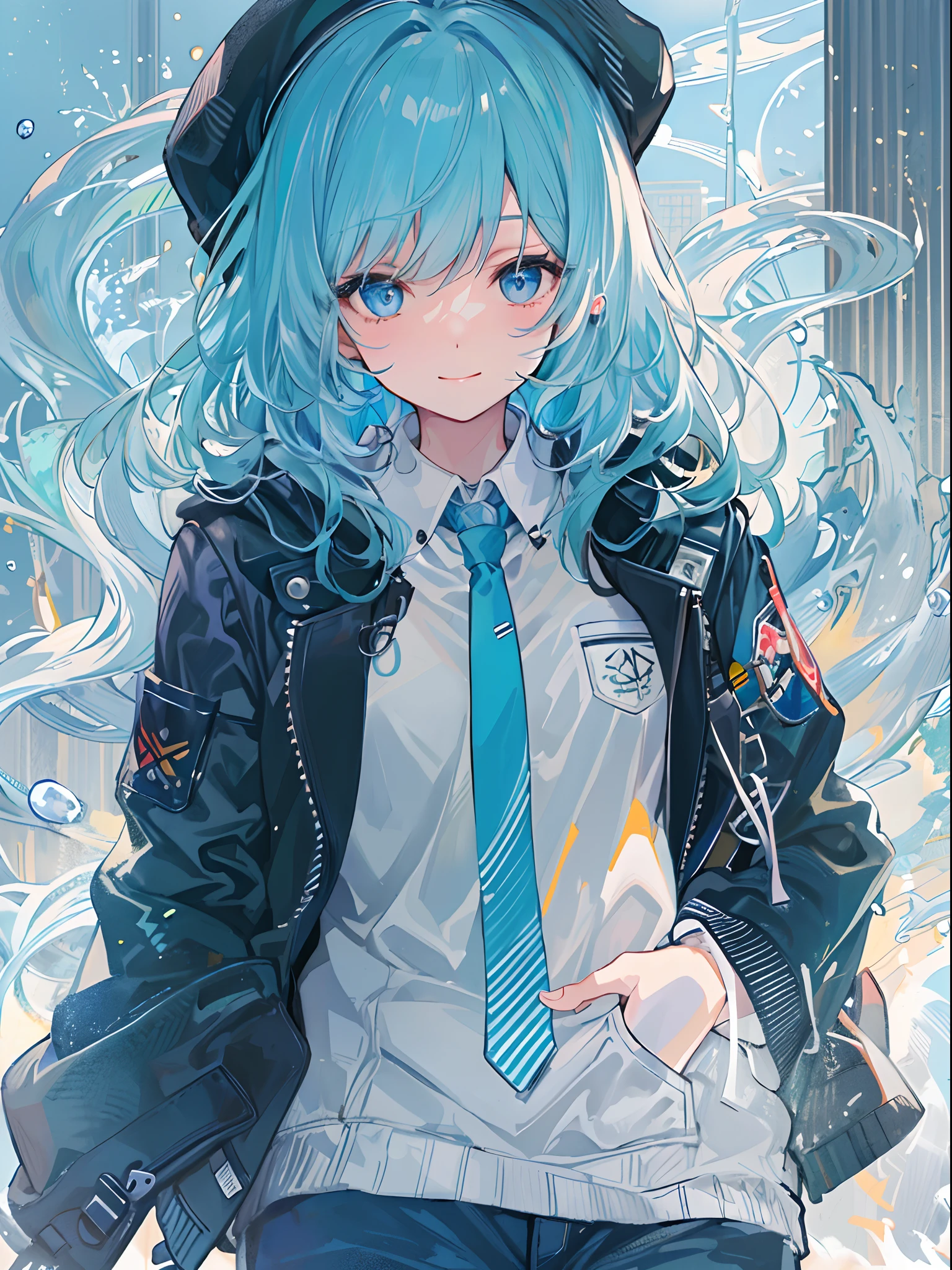 ((top-quality)), ((masterpiece)), ((ultra-detailliert)), (extremely delicate and beautiful), girl with, 独奏, cold attitude,((Black jacket)),She is very(relax)with the(Settled down)Looks,A dark-haired, depth of fields,evil smile,Bubble, under the water, Air bubble,bright light blue eyes,Inner color with light blue hair and dark blue tips,Cold background,Bob Hair - Linear Art, shortpants、knee high socks、White uniform like school uniform、Light blue ribbon ties、Clothes are sheer、Hands in pockets