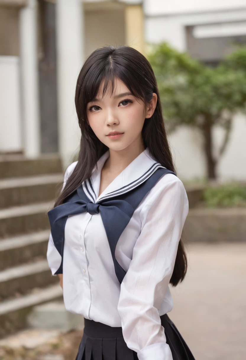 On the high school campus，White school uniform T-shirt top，black school uniform pants，with short black hair,Cute style high school girl