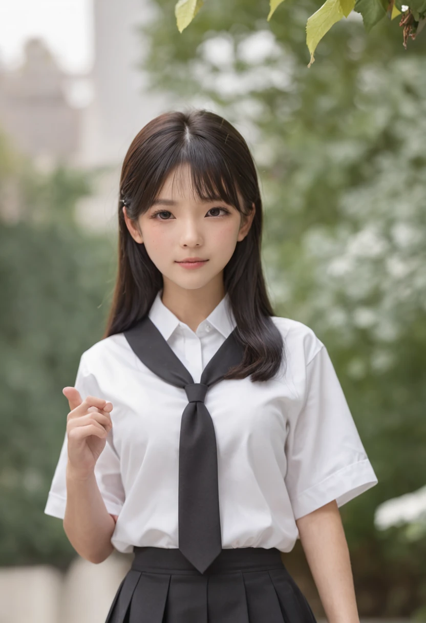 On the high school campus,White school uniform T-shirt top,black school uniform pants,with short black hair,Cute style high school girl