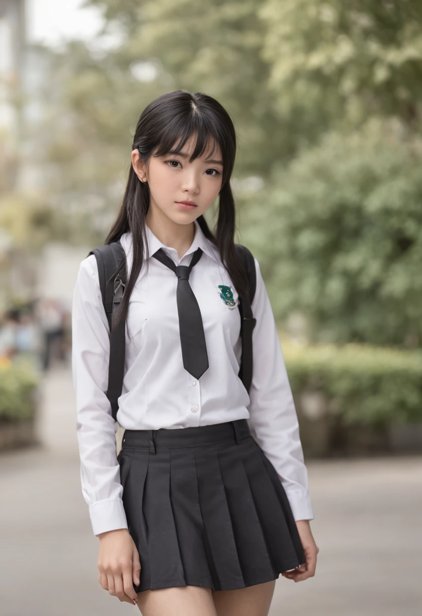 On the high school campus,White school uniform T-shirt top,black school uniform pants,with short black hair,Cute style high school girl