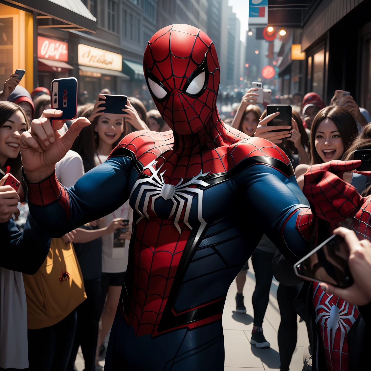 Create an image depicting Spider-Man taking a selfie with a group of excited fans, capturing his friendly and relatable interaction with his admirers. Depict Spider-Man in a playful and dynamic pose, holding a smartphone out for a selfie while surrounded by a group of enthusiastic fans. Show the fans smiling, striking poses, and interacting with Spider-Man, conveying their excitement and admiration. Dress Spider-Man in his iconic costume, complete with the mask and web pattern, showcasing his identity as a beloved superhero. Use a lively and energetic art style to convey the dynamic atmosphere of the selfie moment. Incorporate elements of camaraderie and fan enthusiasm that come with meeting a neighborhood hero. Utilize a color palette that reflects Spider-Man's classic red and blue while maintaining a vibrant and cheerful vibe. The camera angle should emphasize the group dynamic, capturing both Spider-Man and his fans in the frame. Opt for a wide-angle lens to capture the details of the fans' expressions and interactions with Spider-Man. Render the image in high resolution to convey the joyous and entertaining interaction between Spider-Man and his adoring fans.