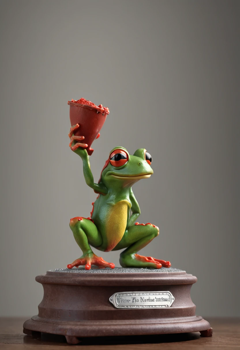 Figure of a frog on the trophy with salt inside with both hands and a pair of red shoes, fotografia premiada, CGI premiado, Imagem premiada vencedora, Concedido. octan render, award winning animation, Award-winning 3D rendering, fotografia premiada, Concedido no Deviantart, Described as a 3D rendering, imagem premiada, Arte digital premiada, Vencedor do Oscar