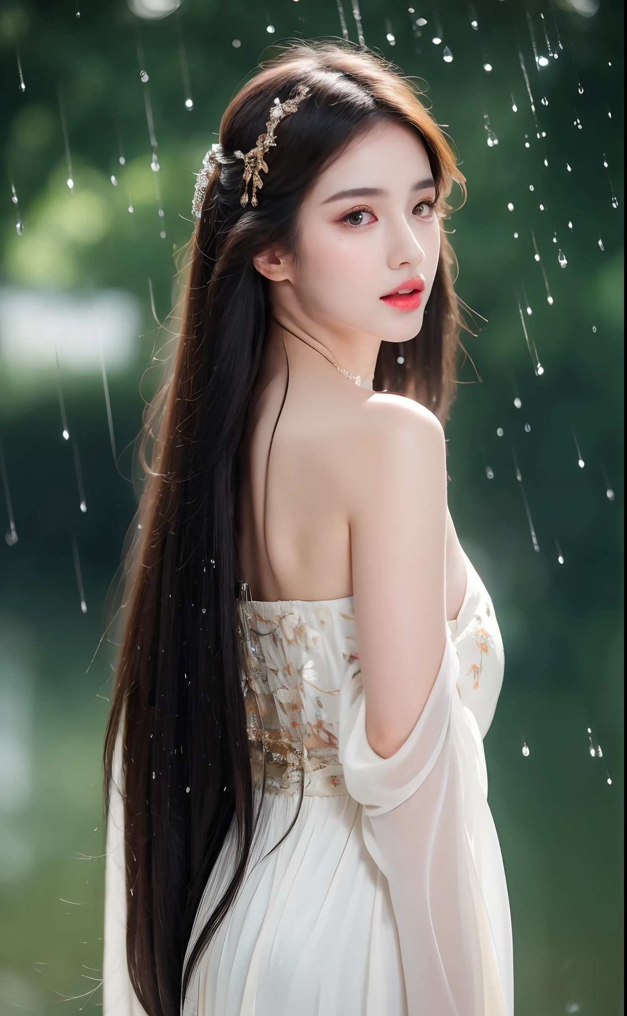 ((Best Quality, 8k, Masterpiece: 1.3)), Focus: 1.2, Perfect Body Beauty: 1.4, Buttocks: 1.2, ((Layered Haircut)), (Wet Clothes: 1.1), (Rain, Street:1.3), (Breasts: 1.2), (Hanfu: 1.2), Bare Shoulders, Bare Legs, Highly Detailed Face and Skin Texture, Fine Eyes, Double Eyelids, Whitened Skin, Long Hair, (Shut Up: 1.5), (Bokeh Background: 1.5), Big Breasts