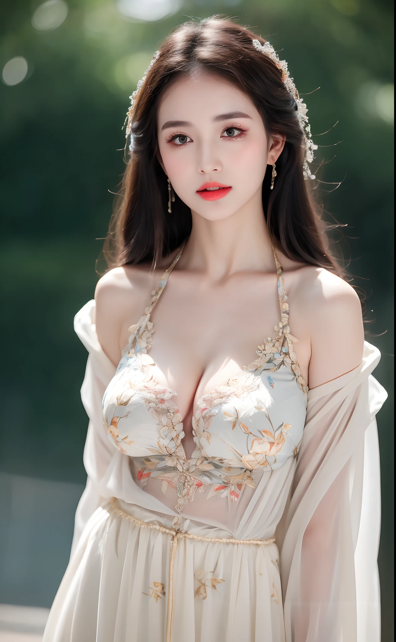 ((Best Quality, 8k, Masterpiece: 1.3)), Focus: 1.2, Perfect Body Beauty: 1.4, Buttocks: 1.2, ((Layered Haircut)), (Wet Clothes: 1.1), (Rain, Street:1.3), (Breasts: 1.2), (Hanfu: 1.2), Bare Shoulders, Bare Legs, Highly Detailed Face and Skin Texture, Fine Eyes, Double Eyelids, Whitened Skin, Long Hair, (Shut Up: 1.5), (Bokeh Background: 1.5), Big Breasts