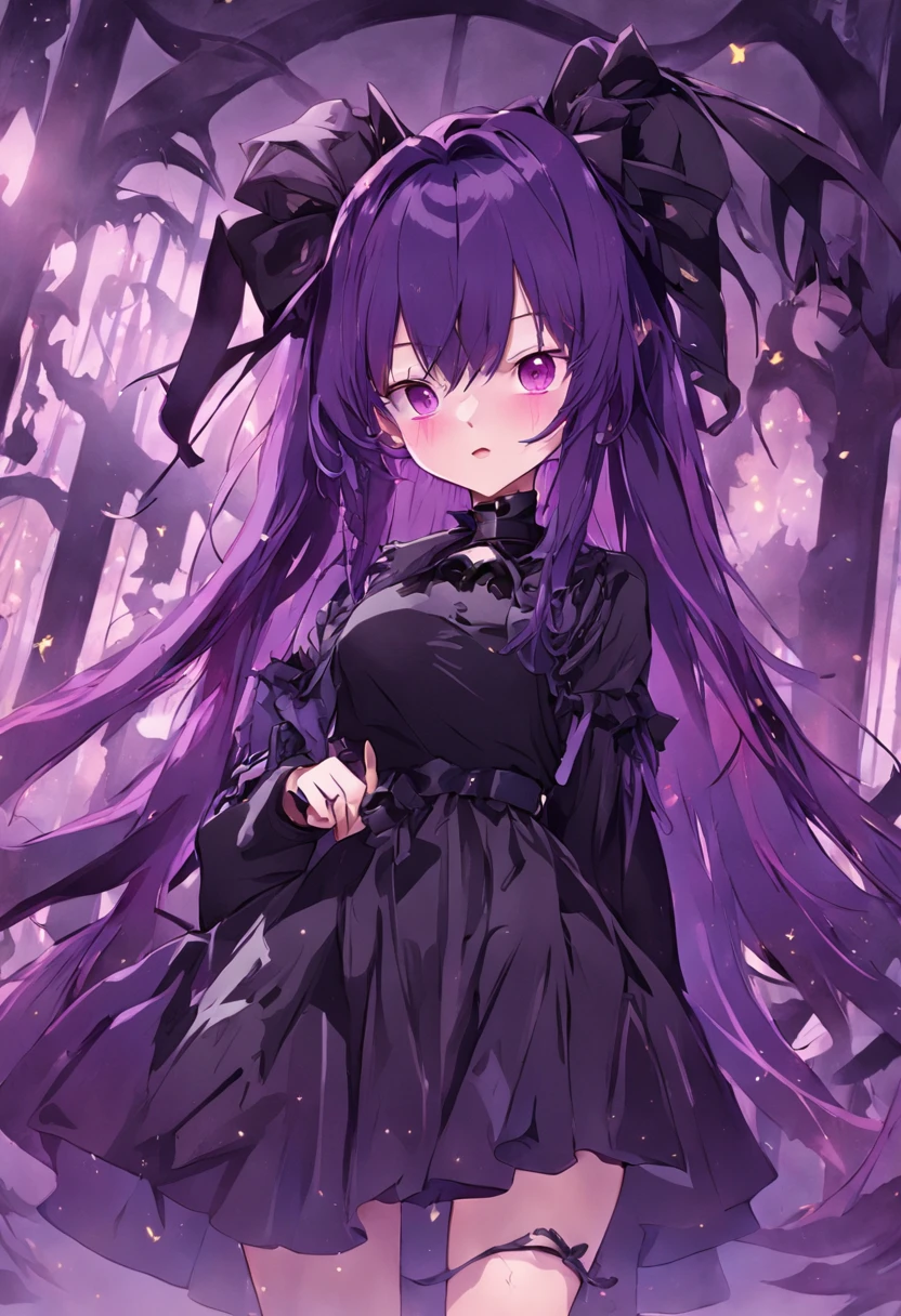Woman with double teeth and hanging eyes wearing a large black ribbon with long purple hair、Wearing black socks、Wearing a gothic black dress、bewitching、amorous、Adults、Parti、Futomo
