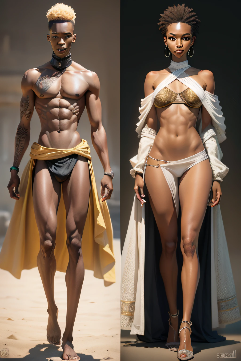Generate a hyper-realistic full character model of a slender African male with androgynous facial features that exhibit a resemblance to a feminine appearance. Ensure that the model captures the nuances of the individual's skin tone, facial structure, and body proportions while maintaining a skinny build. The final result should emphasize the person's unique identity while incorporating lifelike details to create a convincing and authentic representation.