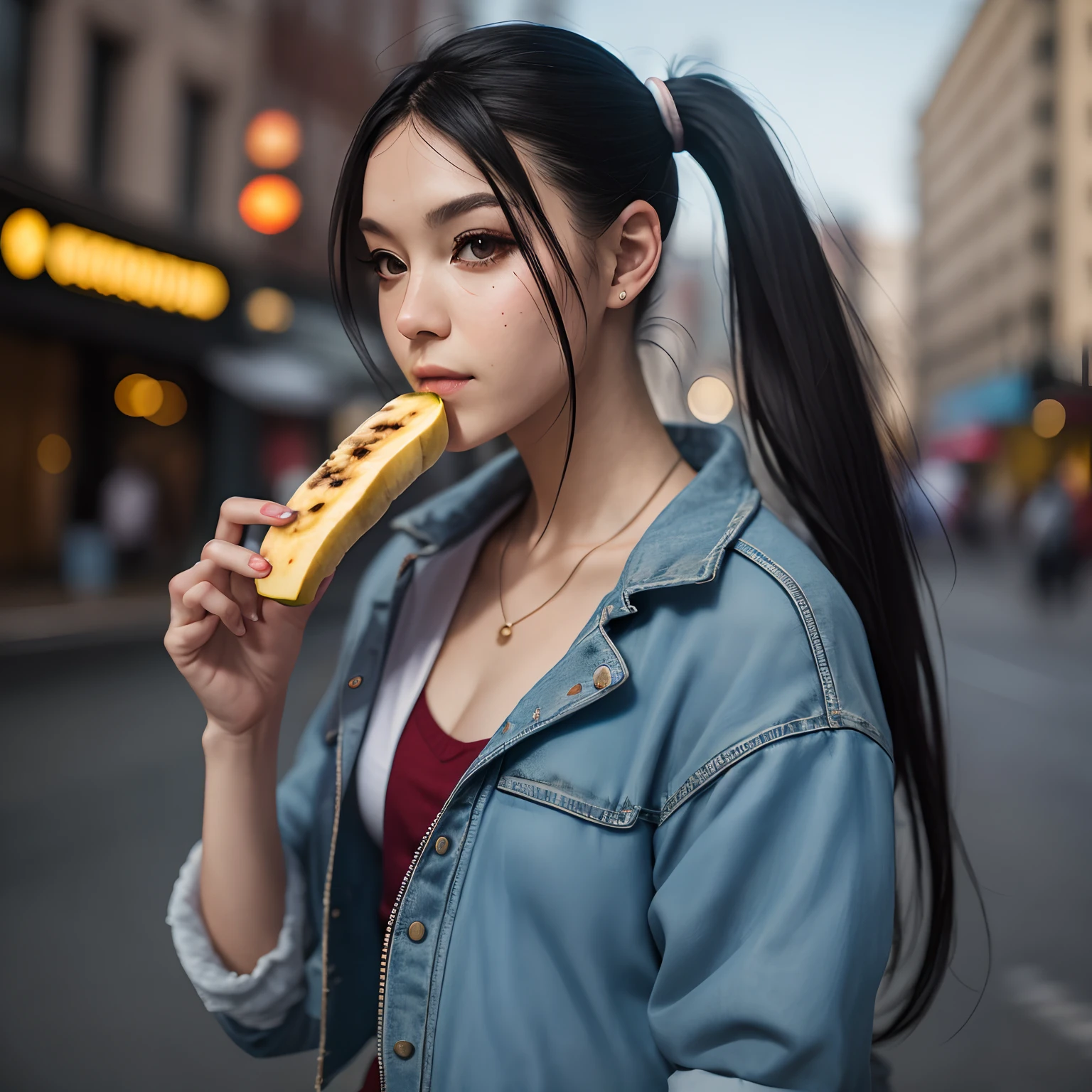 street-style photo of a woman, black hair (pony tail), shot in sony at 7RIII, sunlight on her face, peel of a banana & eat, 8k