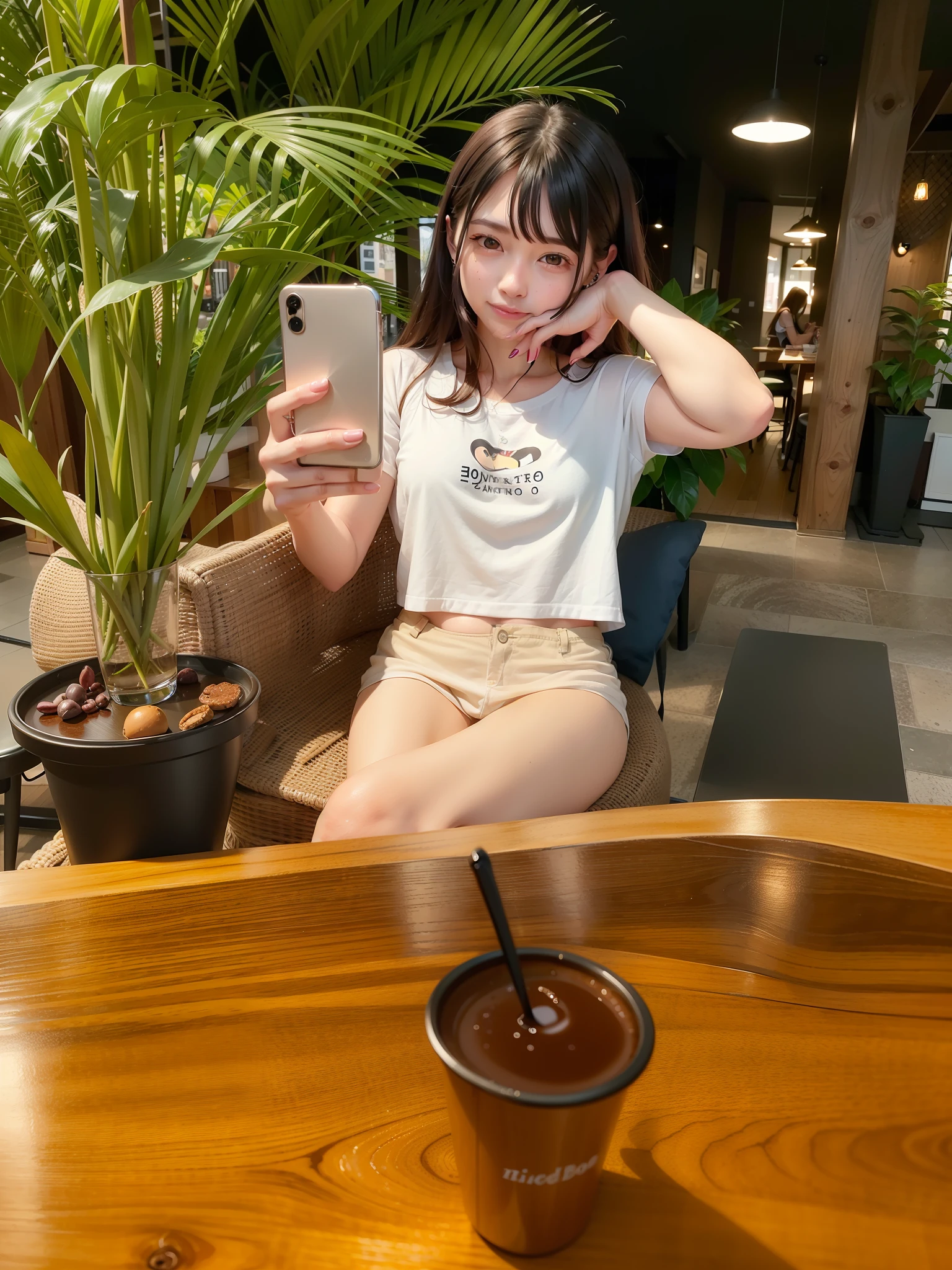 there is a woman sitting at a table taking a picture of her cell phone, in a coffee shop, sitting in a cafe, on wooden table, selfie of a young woman, on a wooden table, 8k selfie photograph, she is holding a smartphone, sitting on a mocha-colored table, goddess checking her phone, sitting in a cafe alone, checking her phone