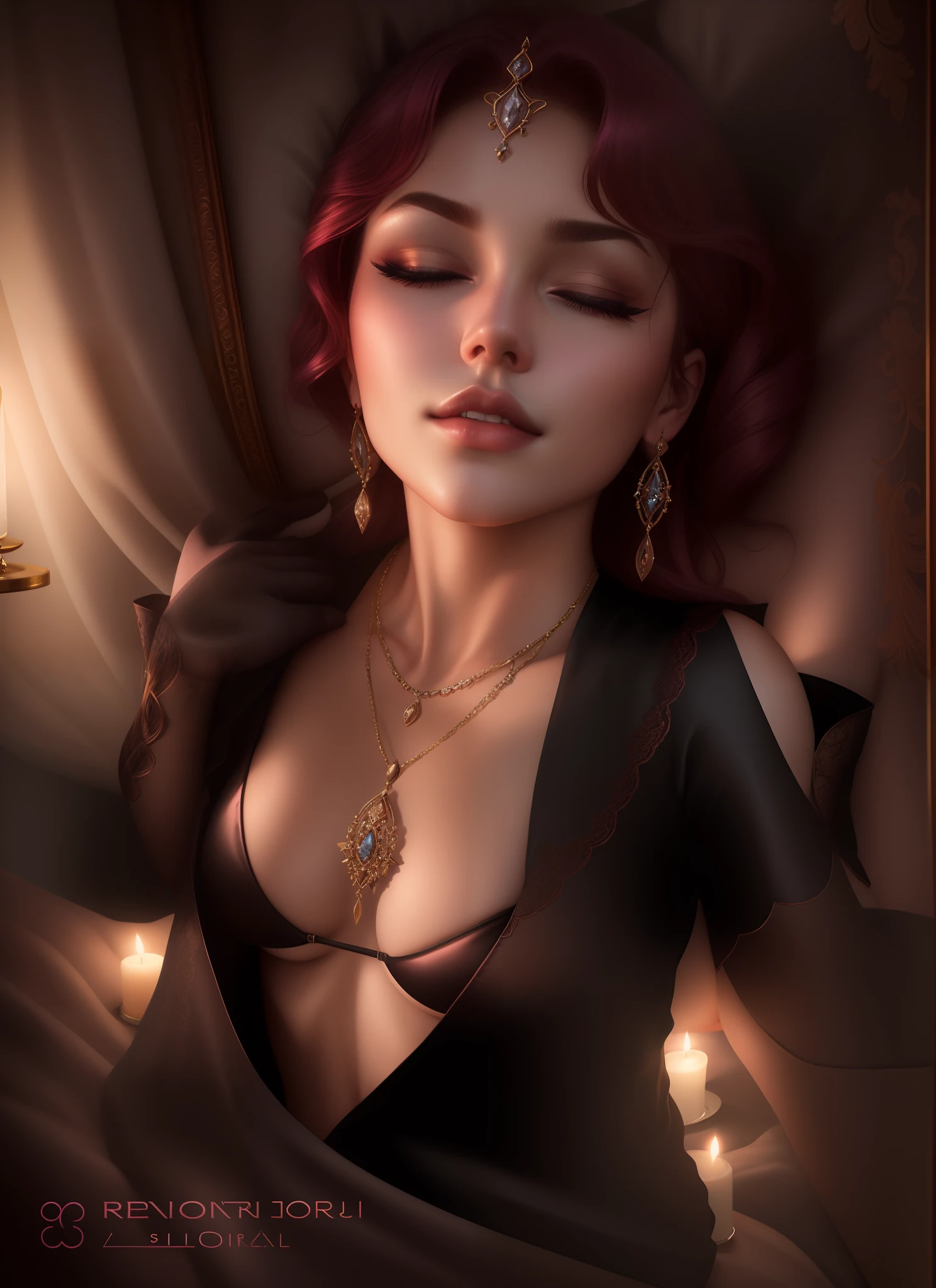 "Seductive femme fatale, alluring ambiance, softly illuminated boudoir, reclining on the bed, eyes closed, lips invitingly parted, irresistible and captivating allure."