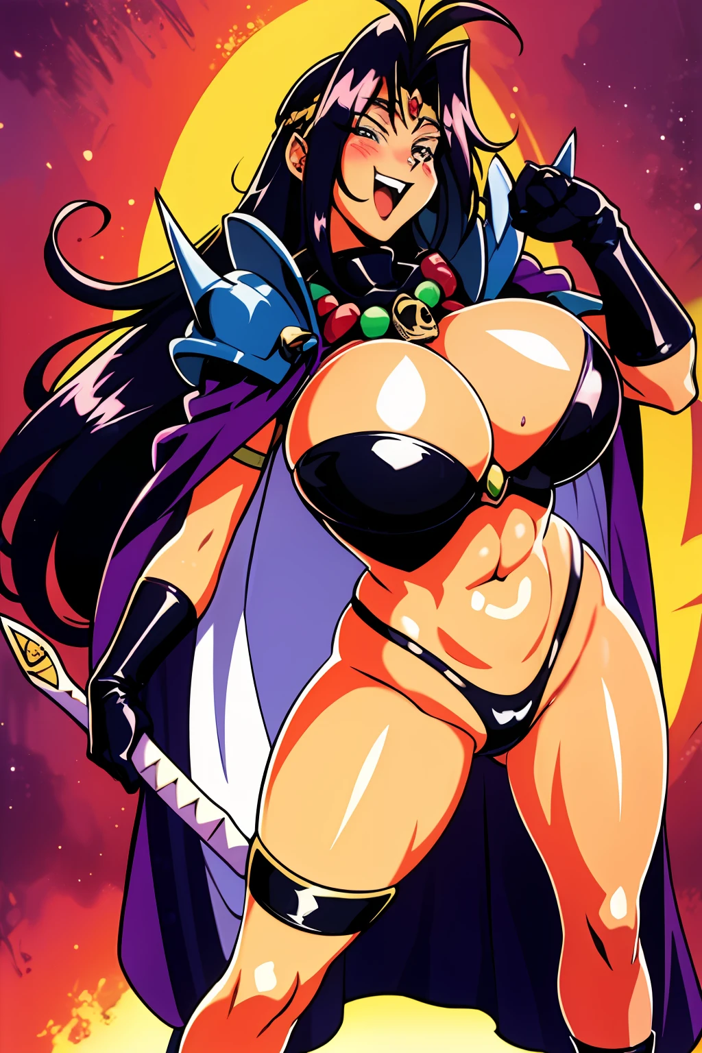 slayers, long hair,1990s (style),,retro artstyle,1girl, naga the serpent, armor, cape, circlet, gloves, jewelry, large breasts, blush, black hair, fit, toned, sweaty, shiny skin, close-up, looking at camera, looking up, open mouth, smug, skinny, long hair, full body standing, flipflops