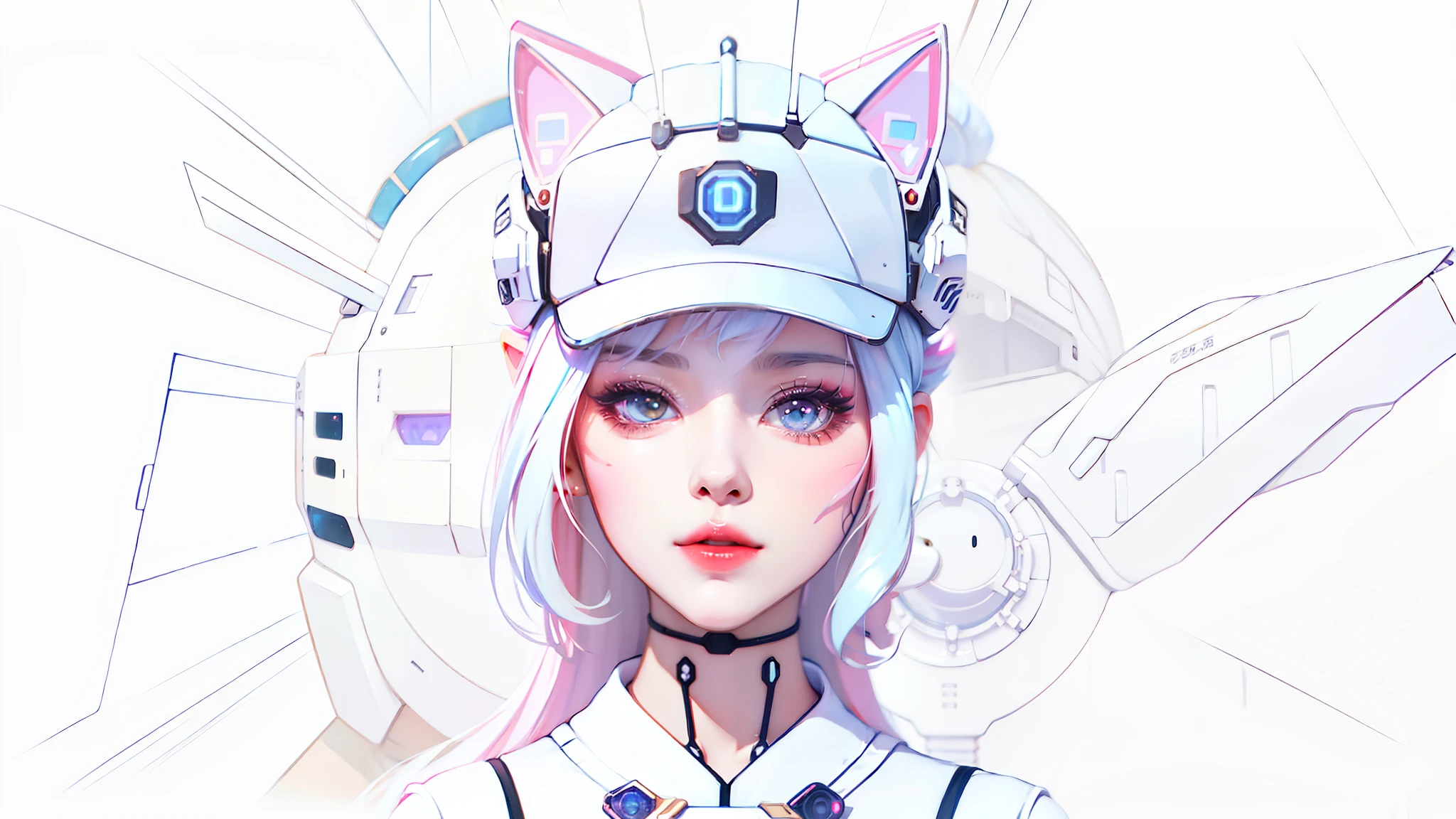 An anime girl wearing a cat hat and a baseball cap, portrait anime space cadet girl, orthofacial，The picture is symmetrical，pure and cute，echo from overwatch, A cute 2D anime girl rendering, glowwave girl portrait, White Cat Girl, live2d virtual youtuber model, White ( cat ) Girl, Realistic anime 3 D style, video game avatar, anime girl with cat ears, Cute cyborg girl