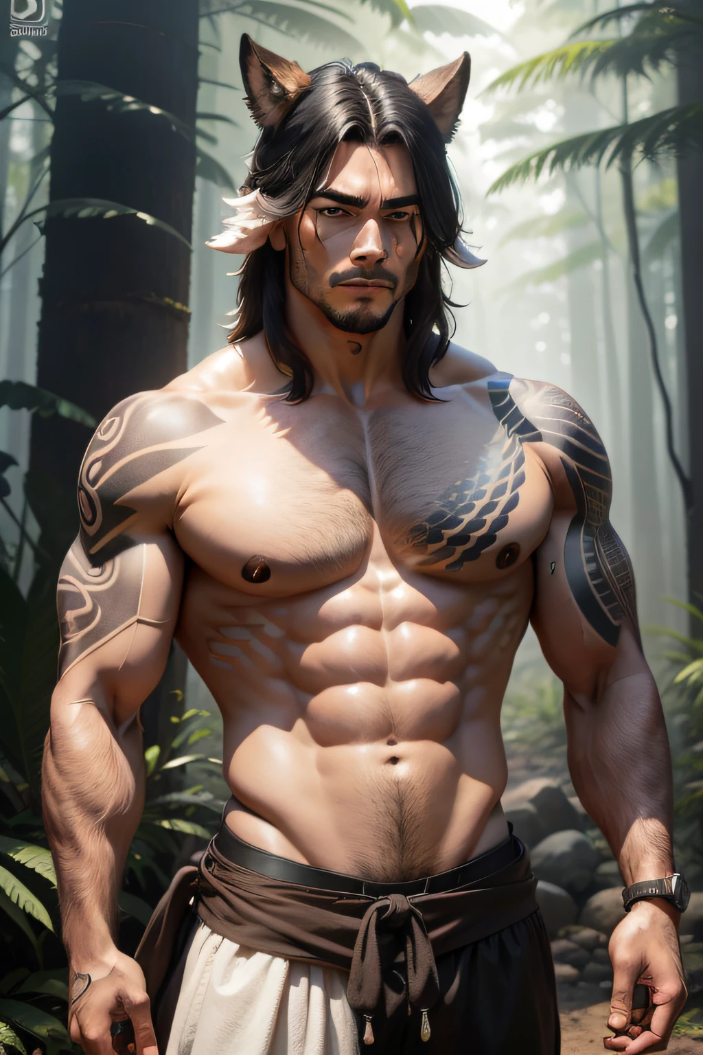 ((melhor qualidade)),((ultratailed)), ((obra-prima)), 插圖, Estrutura da cena: Inseto animal personificado como um indigenar, com rosto de abelha e corpo humano. He has a muscle building and tattoos on his body. He walks in the amzõnica forest. Immediate composition: inseto-homem, animal personification, corpo tatuado, muscular build, floresta,