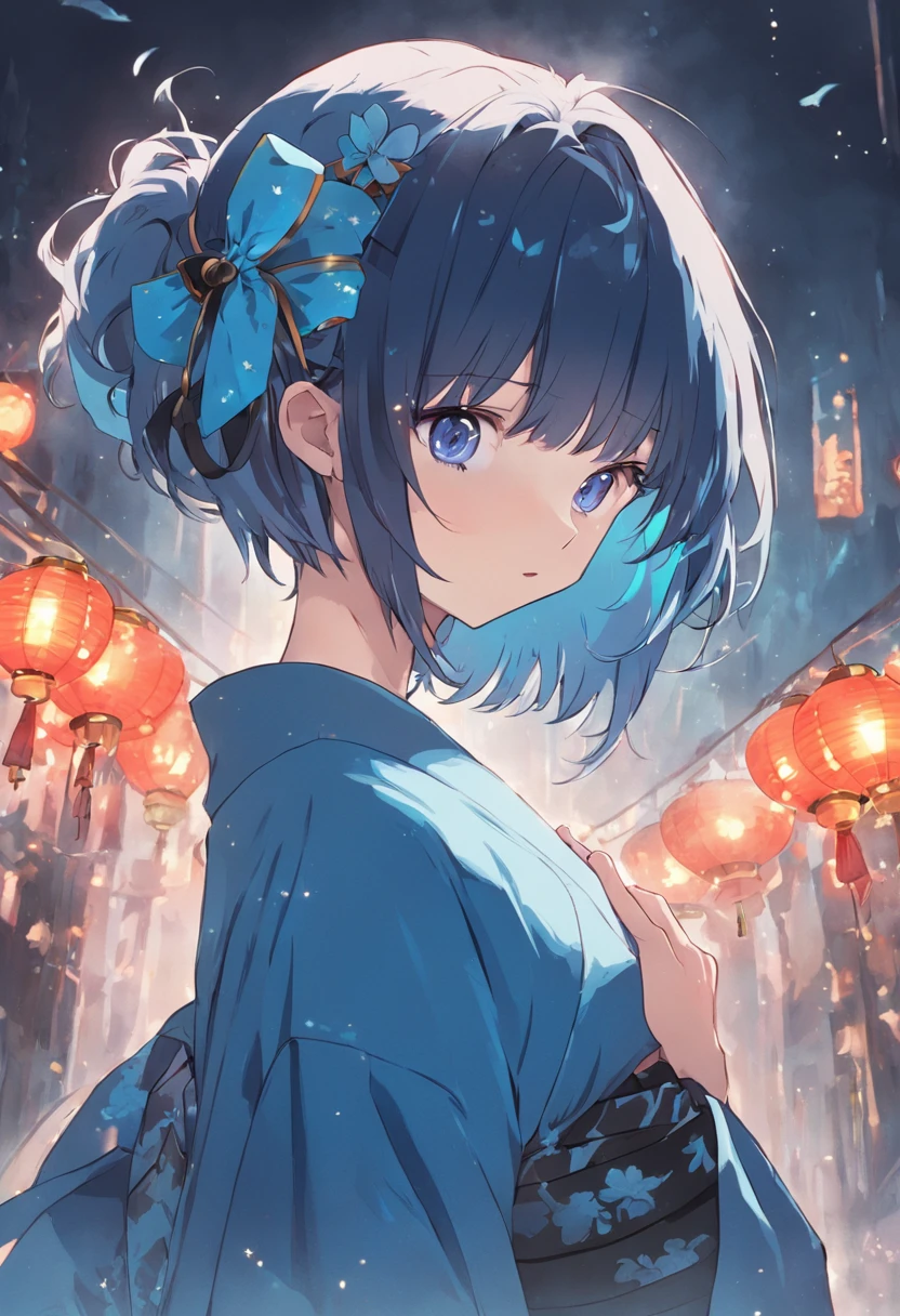 Blue hair with short hair wearing a black headband, ribbon and hairpin、Delicate girl with blue eyes、Wearing kimono、lanthanum、lantern、