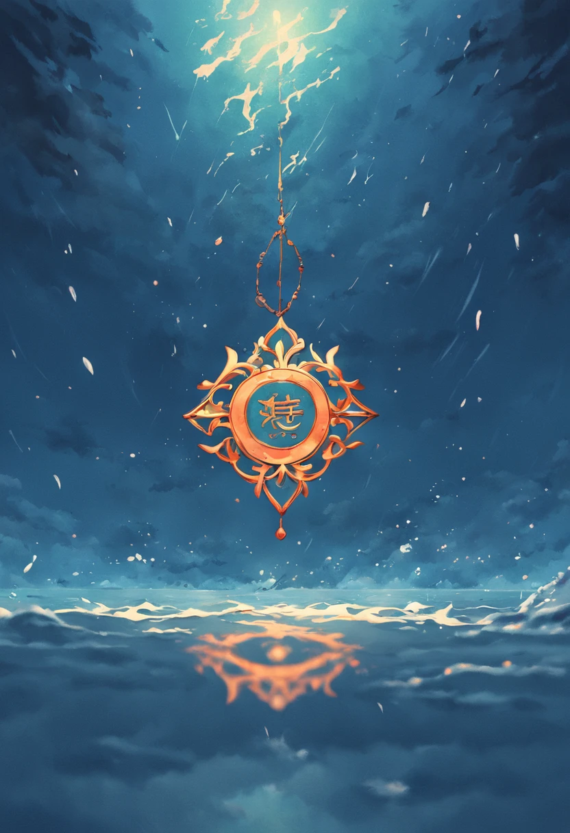 Floating medallion on the sea in the rain,Dark and gloomy sky