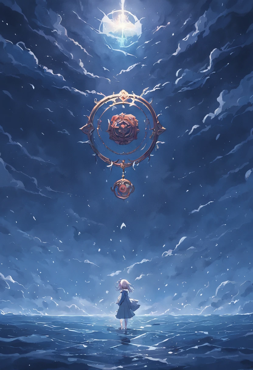 Floating medallion on the sea in the rain,Dark and gloomy sky