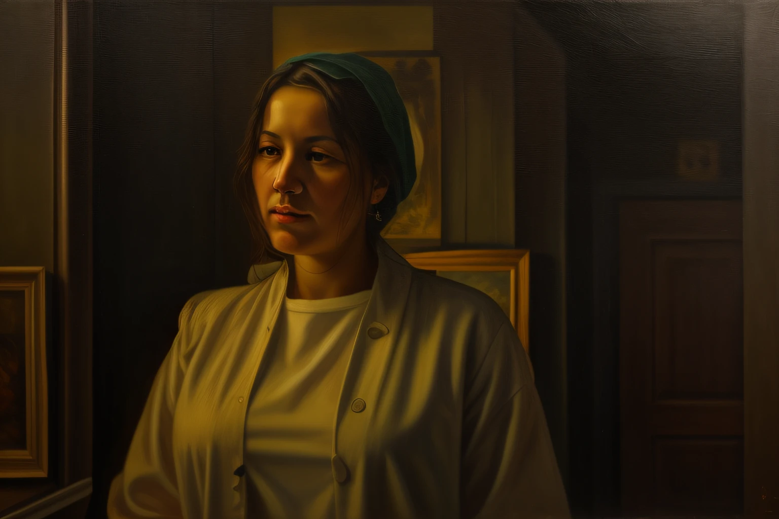 Woman, oil paining in a haunted house, ultra detailed, eerie