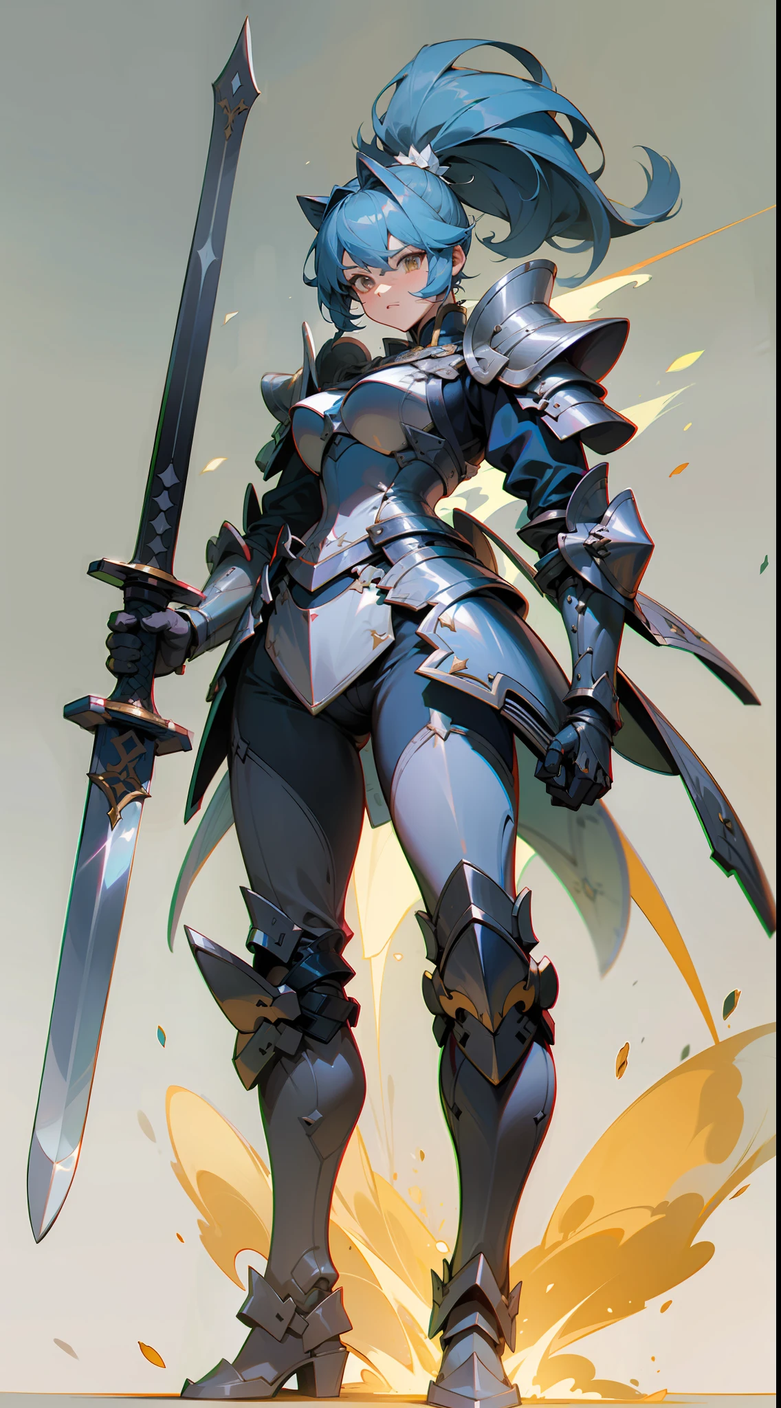 Game standing drawing，clean backdrop，with a pure white background，Plate armor heavy fighter，Stand with a sword，femele，The ponytail is fluttering and messy，Heroic，（Full body like：1.4），The face is clear and accurate，detail in face，The armor details are detailed，The two-handed greatsword is depicted in detail，super-fine，16K resolution，high qulity，电影灯光，High picture detail，dynamic viewing angle，Detailed pubic hair，Epic shooting，oc rendered