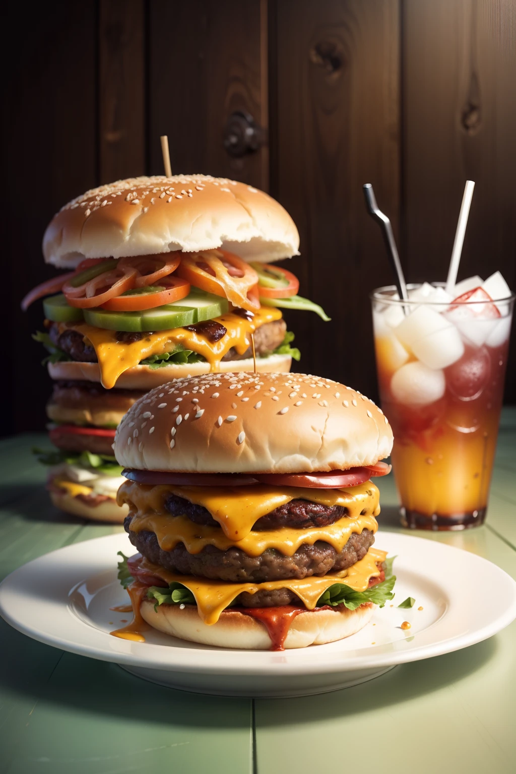 Realistic photo of a hamburger and a soft drink
