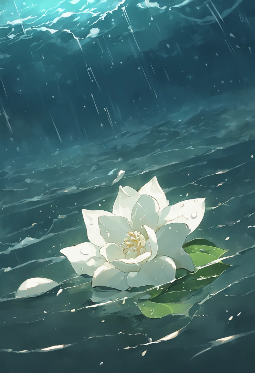 White gardenia petals floating on the sea，Broken petals spilled on the surface of the sea，Raindrops hit the sea，Dark and gloomy sky。