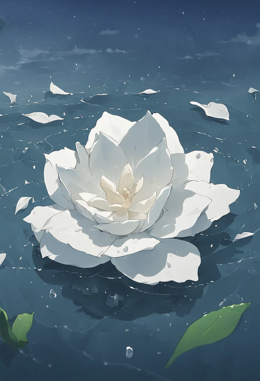 White gardenia petals floating on the sea，Broken petals spilled on the surface of the sea，Raindrops hit the sea，Dark and gloomy sky。
