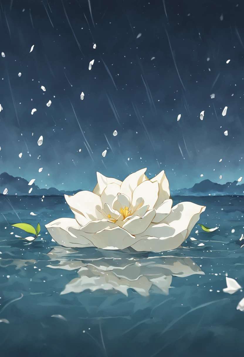 White gardenia petals floating on the sea,Broken petals spilled on the surface of the sea,Raindrops hit the sea,Dark and gloomy sky。