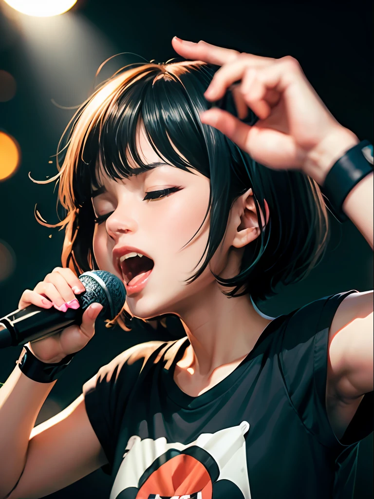 ((Screaming)),Reaching the climax:1.3,Have a microphone、One girl closing her eyes, short-cut、masutepiece、Bottoms are randomly generated、( Cucumber illustration printed shirt )、Dark hair、GI Cut、wristbands、Background bokeh:1.5