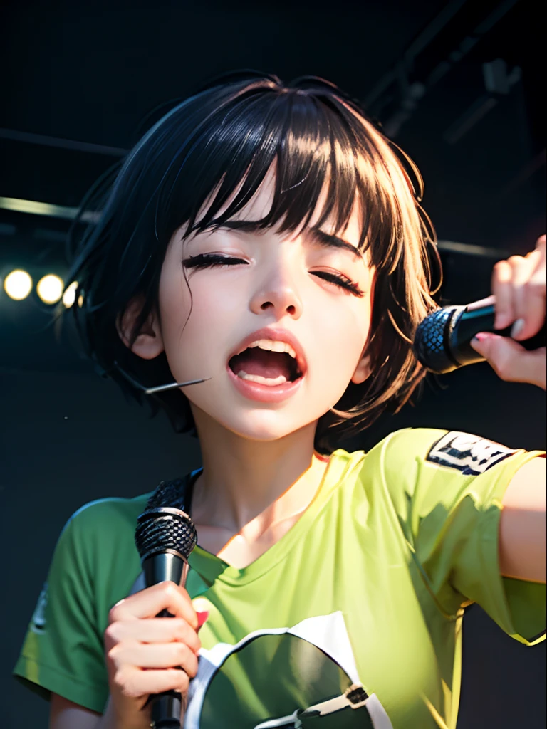 ((Screaming)),Reaching the climax:1.3,Have a microphone、One girl closing her eyes, short-cut、masutepiece、Bottoms are randomly generated、( Cucumber illustration printed shirt )、Dark hair、GI Cut、wristbands、Background bokeh:1.5
