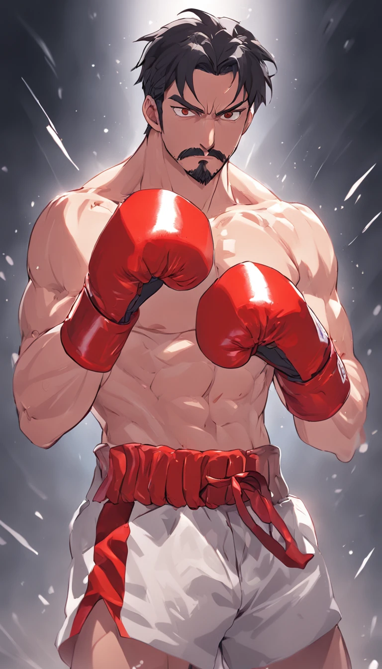 fighting game character model, 3d redering, concept art, human, realistic color, boxing champion, red boxing gloves, white and red stripes trunks, shirtless, sweaty, American man, middle-aged man, muscular!!!, (bara), hunk, burly, short crew cut hair, black hair, facial hair, cold face, handsome face, on plain white canvas, mix of bold and thin lines, 8k, splash art, sharp focus, volumetric lighting, ultra detailed, best quality, best resolution, masterpiece