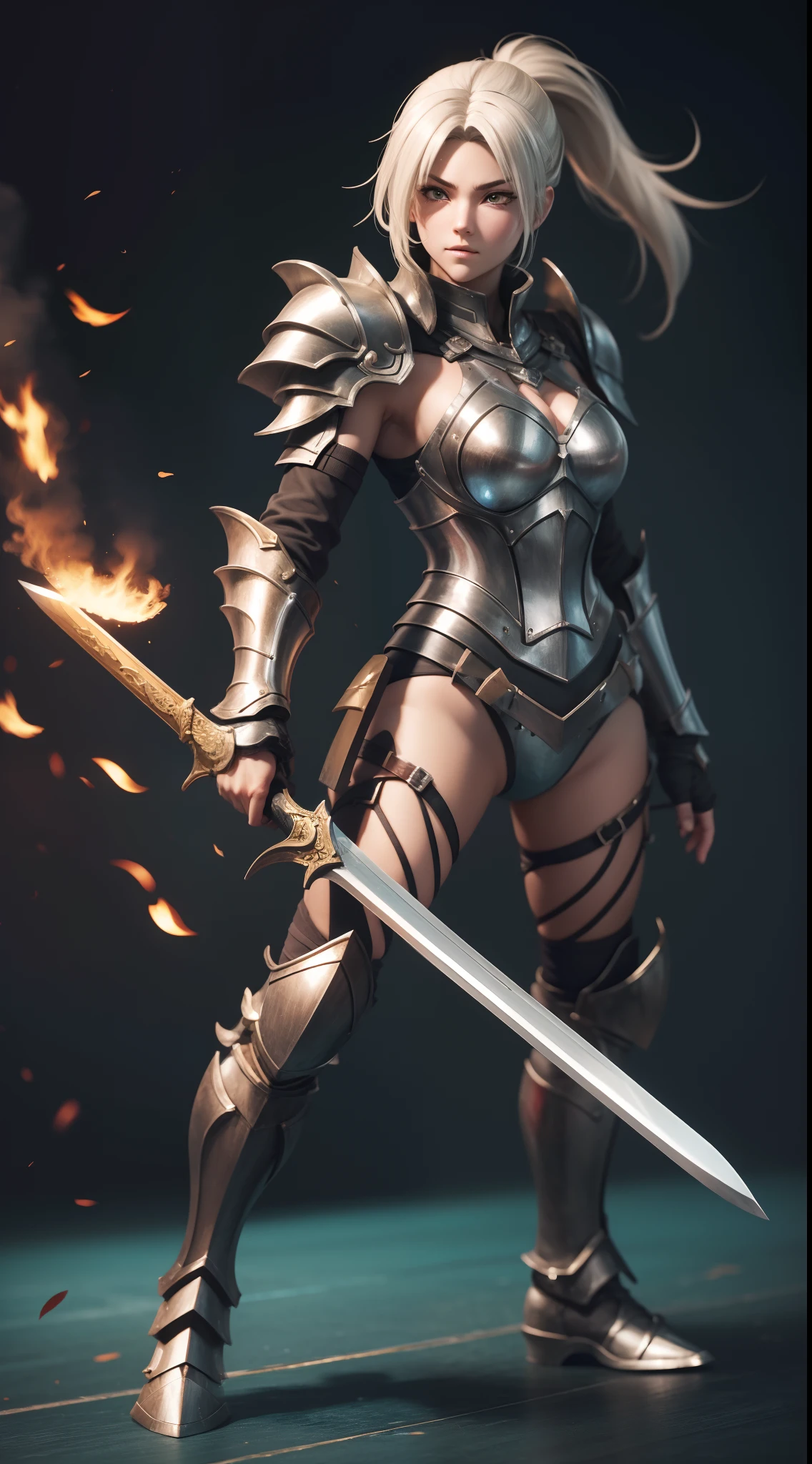 Game standing drawing，clean backdrop，solid color backdrop，Plate armor heavy fighter，Stand with a sword，femele，The ponytail is fluttering and messy，Heroic，Full body like，The face is clear and accurate，detail in face，The armor details are detailed，The two-handed greatsword is depicted in detail，super-fine，16K resolution，high qulity，电影灯光，High picture detail，dynamic viewing angle，Detailed pubic hair，Epic shooting，oc rendered