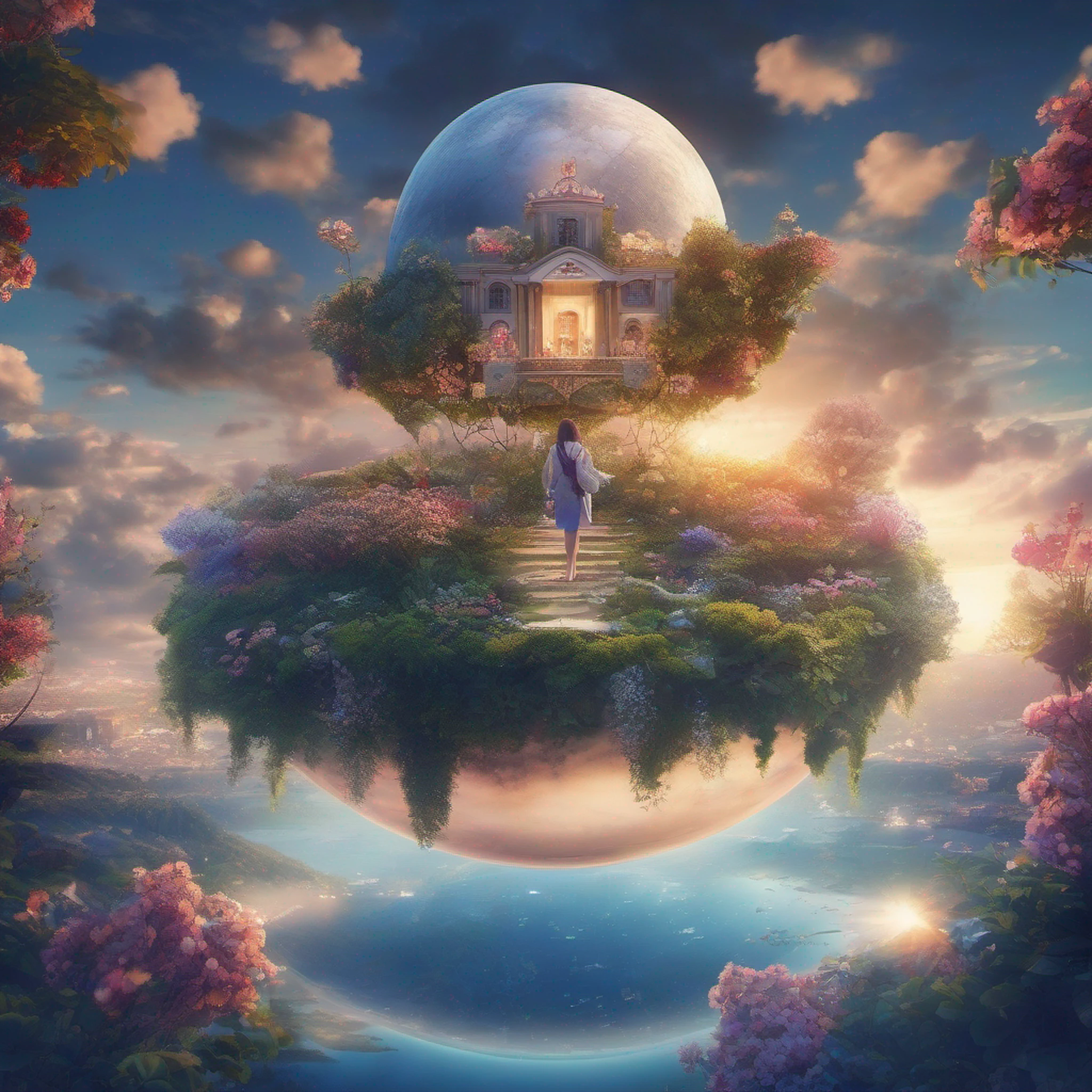 ccurate, best quality, masterpiece, UHD, high details, award winning, (Amazing:2.0), (Surrealism), Conceptual art, Verism, cinematic lighting, floating island in the sky, (((beautiful flower garden))), Horizon, blue sky, paradise scenery, flowers, wind flow, (((fantasy))), frontier, (magnificent space), blurry foreground, bokeh, Hasselblad, lens flare, beautiful school girl, (17 yr old), ((((full body)))), from behind, she moving, without looking at me, (((wearing school uniform))), black eyes, black hair, (floating hair), ((8 life size)), detailed hairstyles, detailed bodyline, anatomically correct, cute face, ((accurately portray her)),