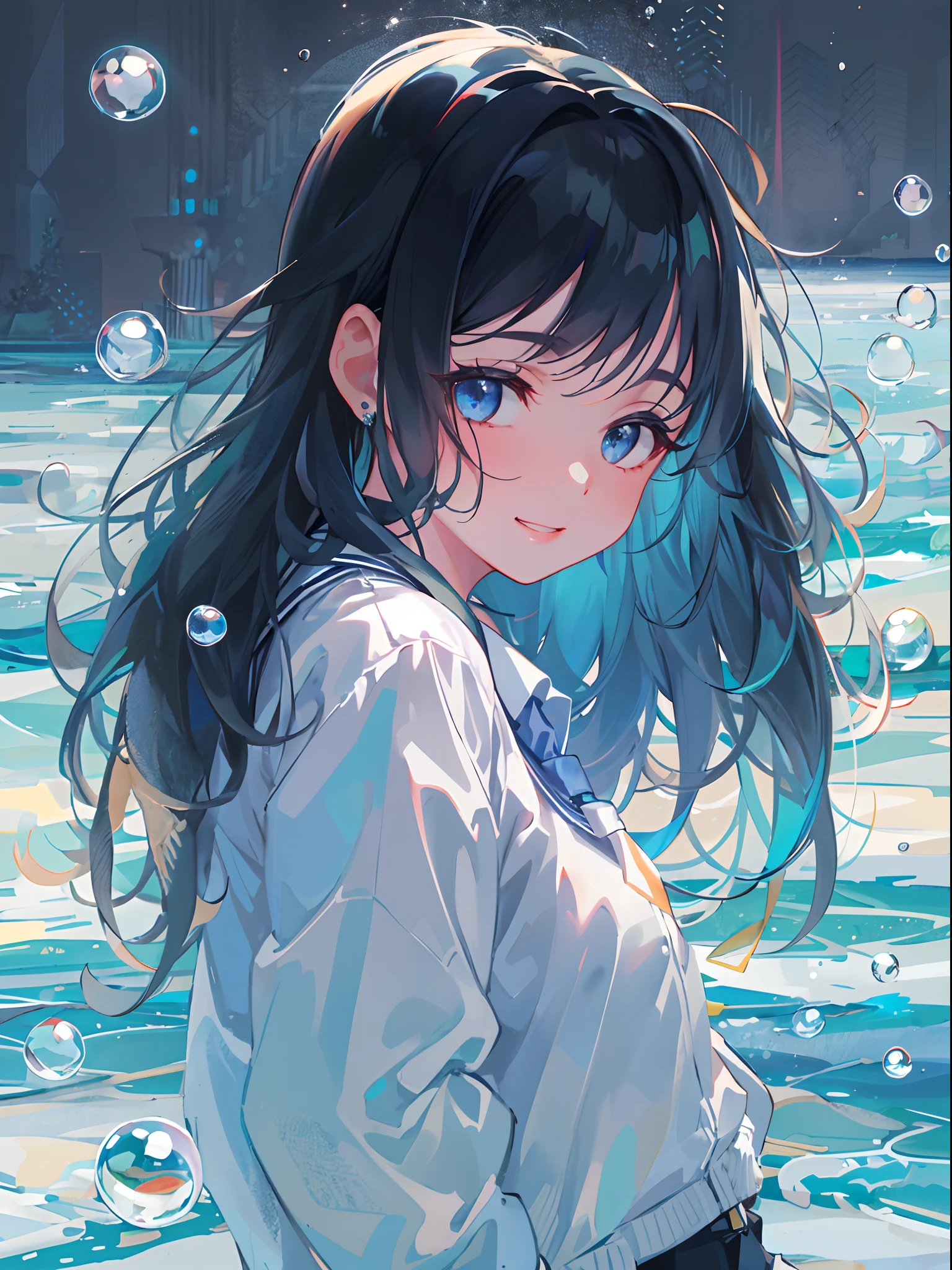 ((top-quality)), ((​masterpiece)), ((ultra-detailliert)), (extremely delicate and beautiful), girl with, 独奏, cold attitude,((Black jacket)),She is very(relax)with  the(Settled down)Looks,A dark-haired, depth of fields,evil smile,Bubble, under the water, Air bubble,bright light blue eyes,Inner color with black hair and light blue tips,Cold background,Bob Hair - Linear Art, shortpants、knee high socks、White uniform like school uniform、Light blue ribbon ties、Clothes are sheer、Hands in pockets、Ponytail hair