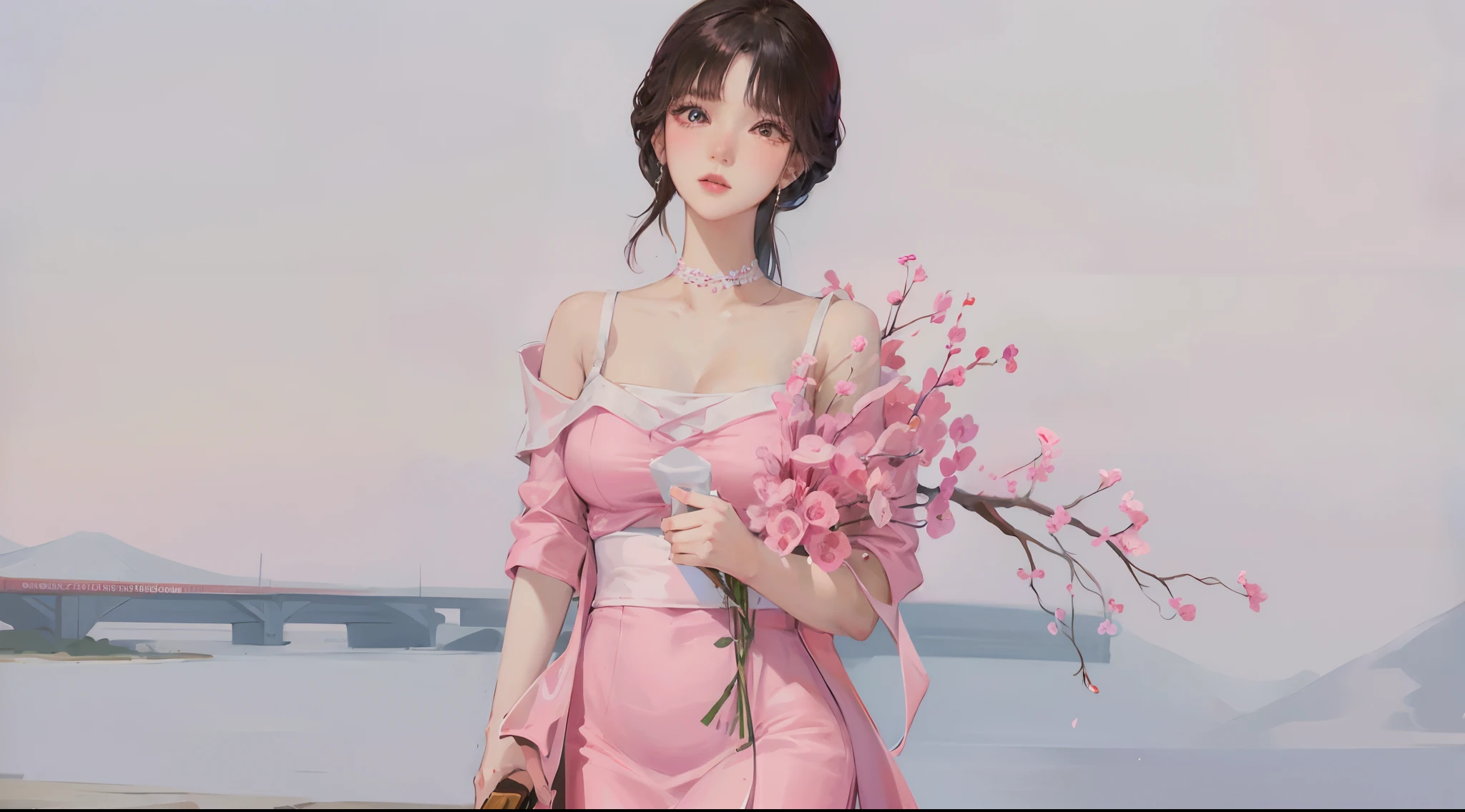 Manhwa Style，portrait，Arad woman in pink dress holding a bouquet of flowers, beautiful Korean women, Beautiful young Korean woman, xintong chen, Gorgeous young Korean woman, A young Asian woman, a cute young woman, wenfei ye, korean women's fashion model, xue han, female actress from korea, Inspired by Tang Yifen, Chinese girl