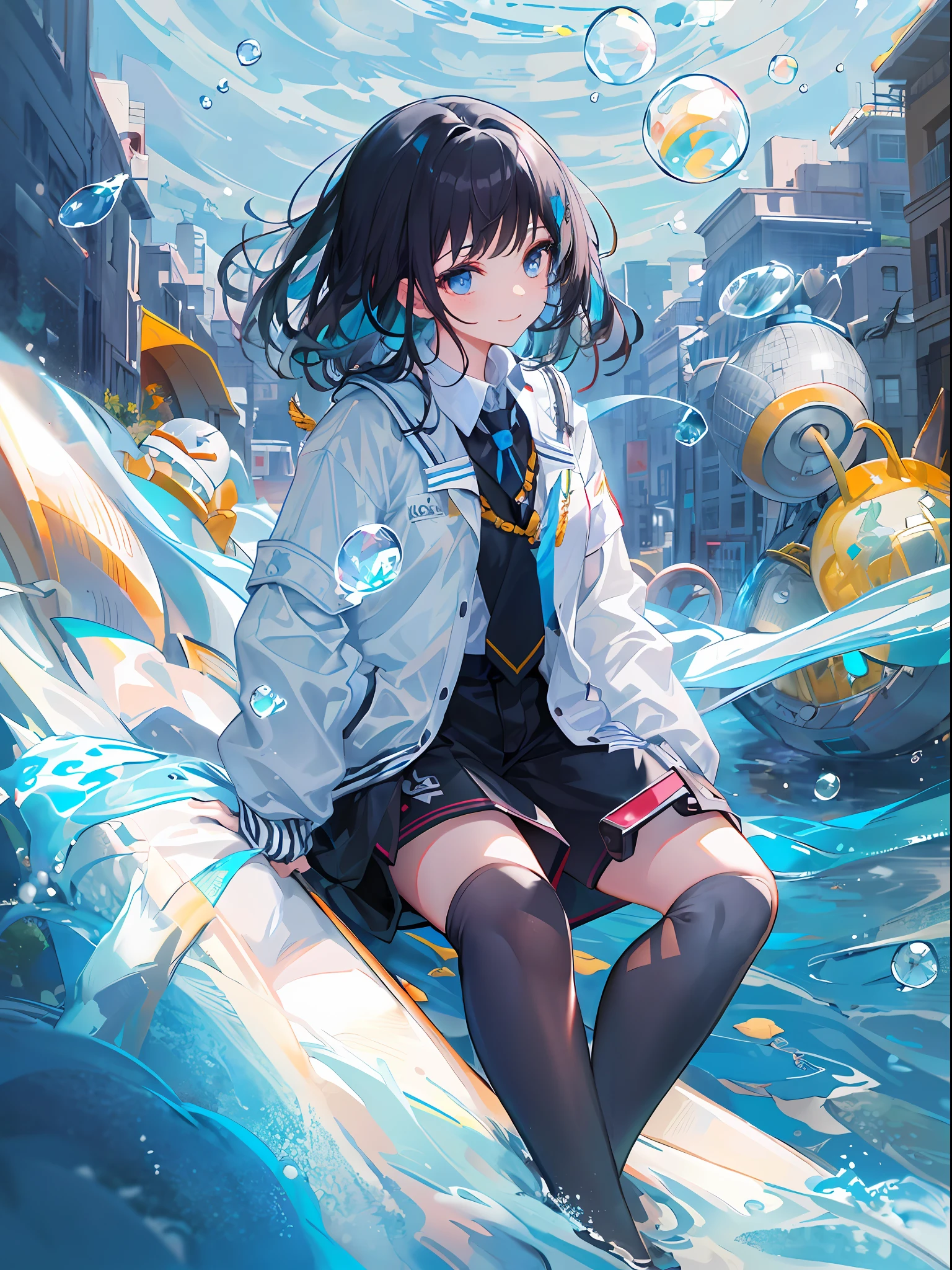 ((top-quality)), ((masterpiece)), ((ultra-detailliert)), (extremely delicate and beautiful), girl with, 独奏, cold attitude,((Black jacket)),She is very(relax)with the(Settled down)Looks,A dark-haired, depth of fields,evil smile,Bubble, under the water, Air bubble,bright light blue eyes,Inner color with black hair and light blue tips,Cold background,Bob Hair - Linear Art, shortpants、knee high socks、White uniform like school uniform、Light blue ribbon ties、Clothes are sheer、Hands in pockets