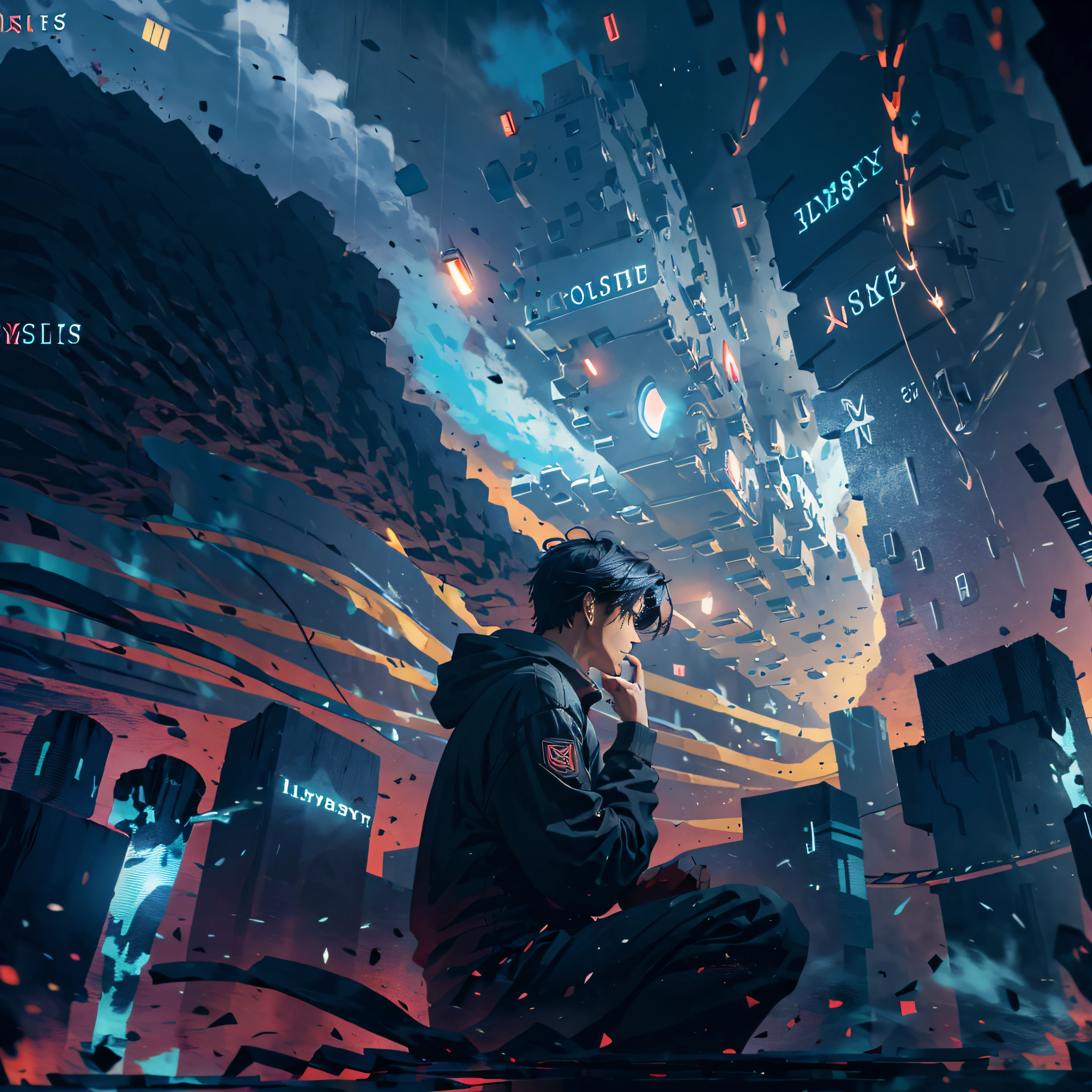 octans, sky, star (sky), scenery, starry sky, night, A man with short black hair, gate time spaces, handsome, cold, standing, red eyes, night sky, solo, outdoors, building, cloud, comets, milky way, sitting, futures, silhouette, cityscape, amazing, power, aura, a hacker, cybersecurity, black shirt, servers, cyber, laptop.