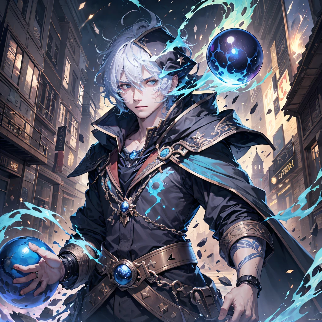 (ridiculous, high resolution, super detailed), masterpiece, best quality, a man dressed in black and a red cloak holding a blue sphere, a sphere surrounded by blue flames, official character art, short hair, white hair, blue eyes, fine eyes, detailed face, detailed hair, ruined city, dark background, sparks, swirl, swirl, celestial body, from below, looking down, cowboy shot,
