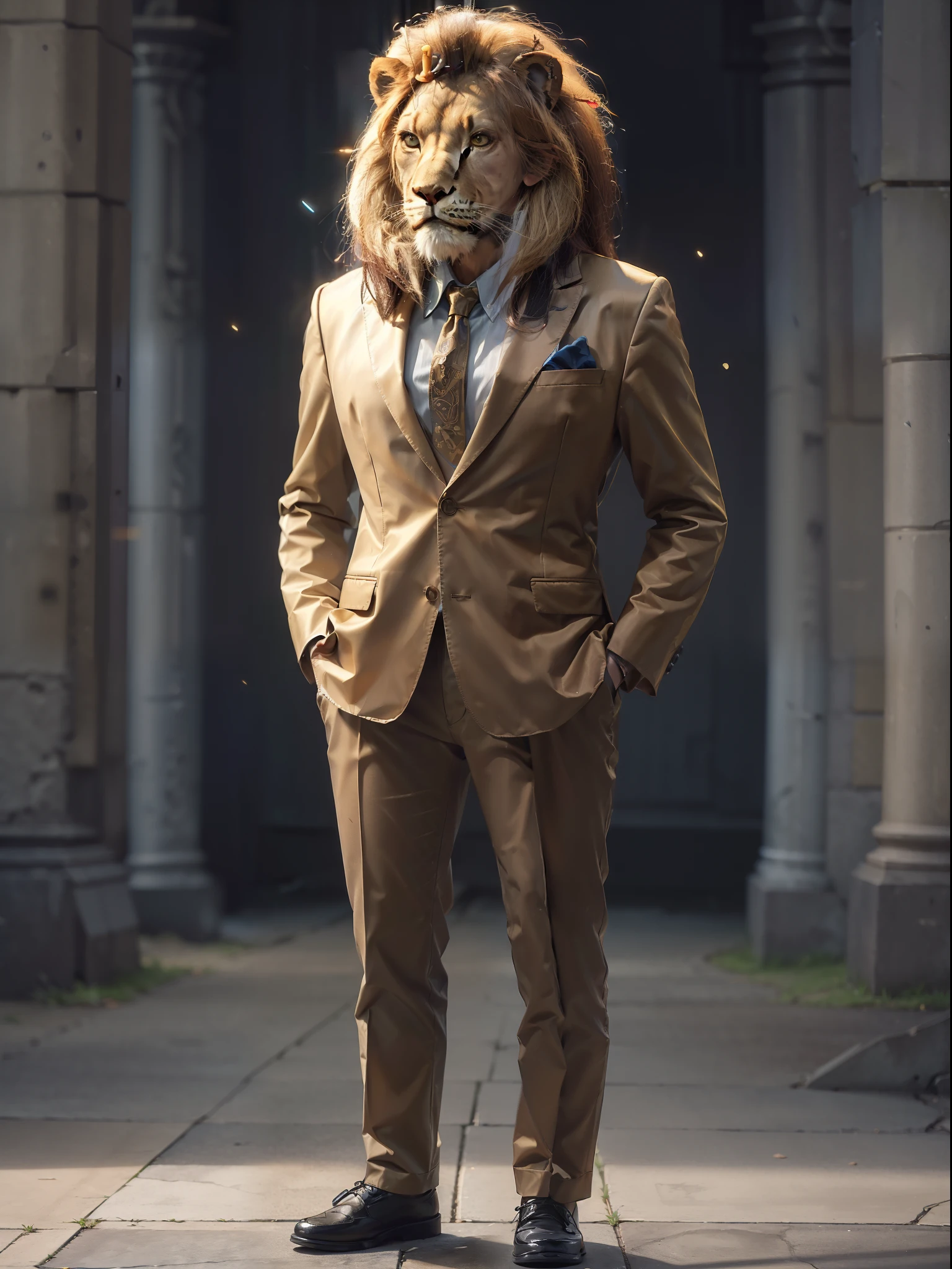 (((fullbody image、Standing posture)))、(Full body lion standing upright in luxury business suit、Humanoid lion、Cool anthropomorphic lion with long legs)、​masterpiece, top-quality, in 8K , intricate detailes, ultra-detailliert , light Particle、32K Digital Paint, Hyper-Realism, No background