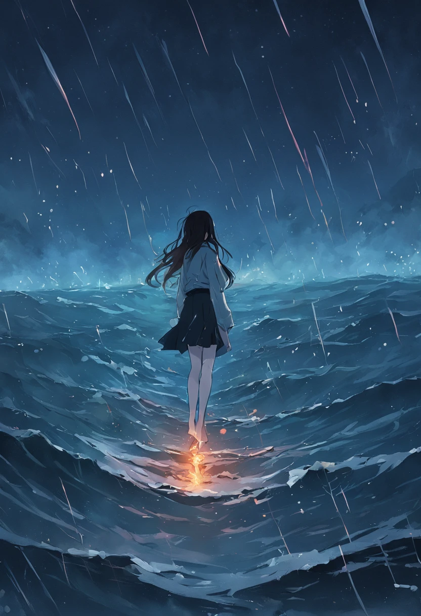 Black notebook floating at sea,Paper is scattered on the sea,Rain hit the sea,Dark and gloomy sky
