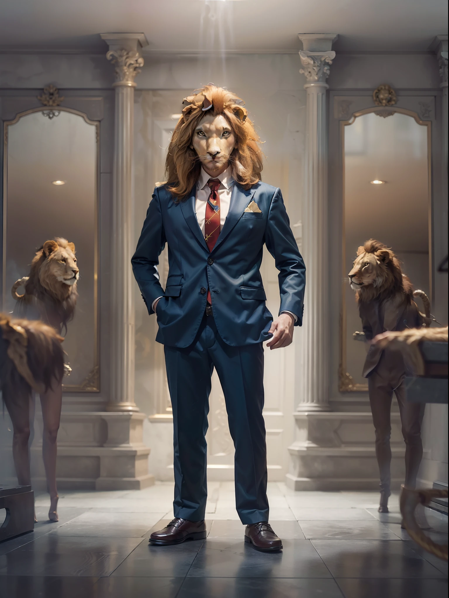(((fullbody image、Standing posture)))、(Full body lion standing upright in luxury business suit、Humanoid lion、Cool anthropomorphic lion with long legs)、masterpiece, top-quality, in 8K , intricate detailes, ultra-detailliert , light Particle、32K Digital Paint, Hyper-Realism, No background