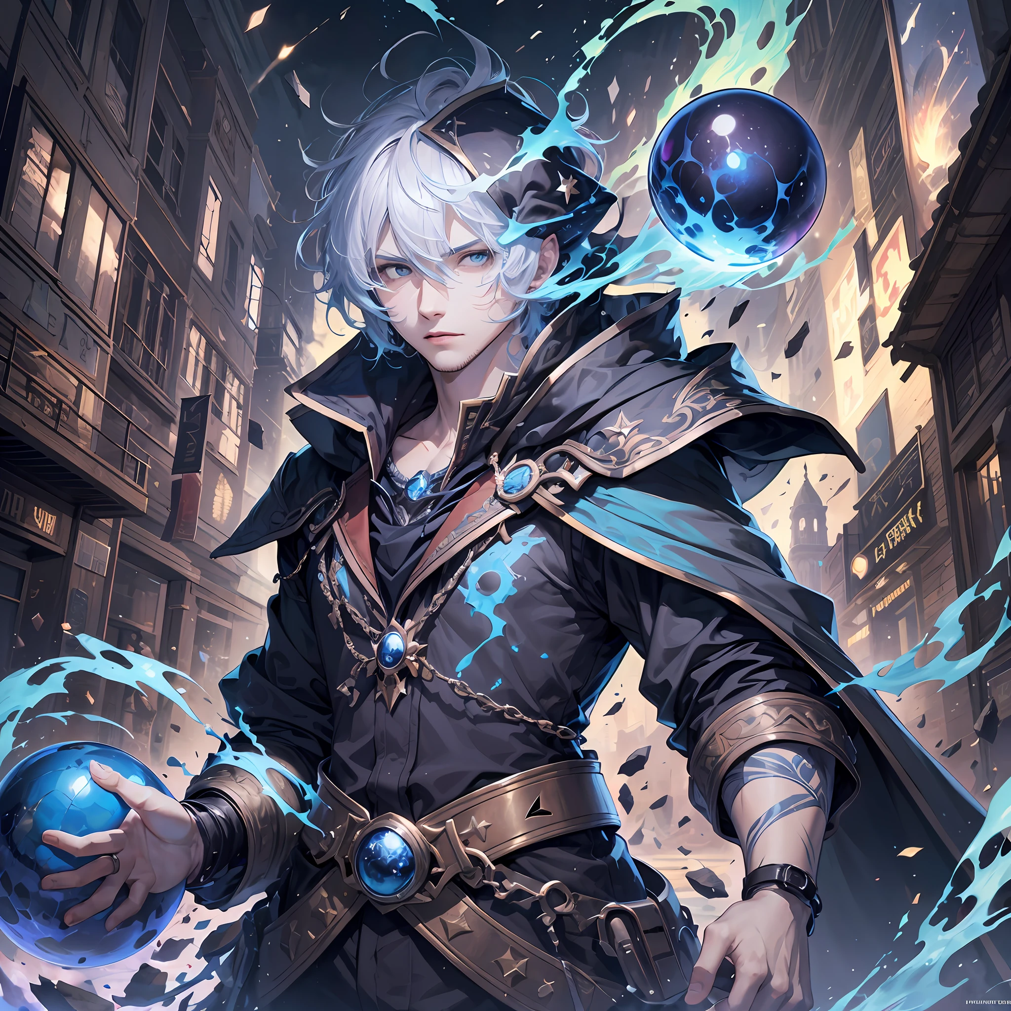 (ridiculous, high resolution, super detailed), masterpiece, best quality, a man dressed in black and a red cloak holding a blue sphere, a sphere surrounded by blue flames, official character art, short hair, white hair, blue eyes, fine eyes, detailed face, detailed hair, ruined city, dark background, sparks, swirl, swirl, celestial body, from below, looking down, cowboy shot,