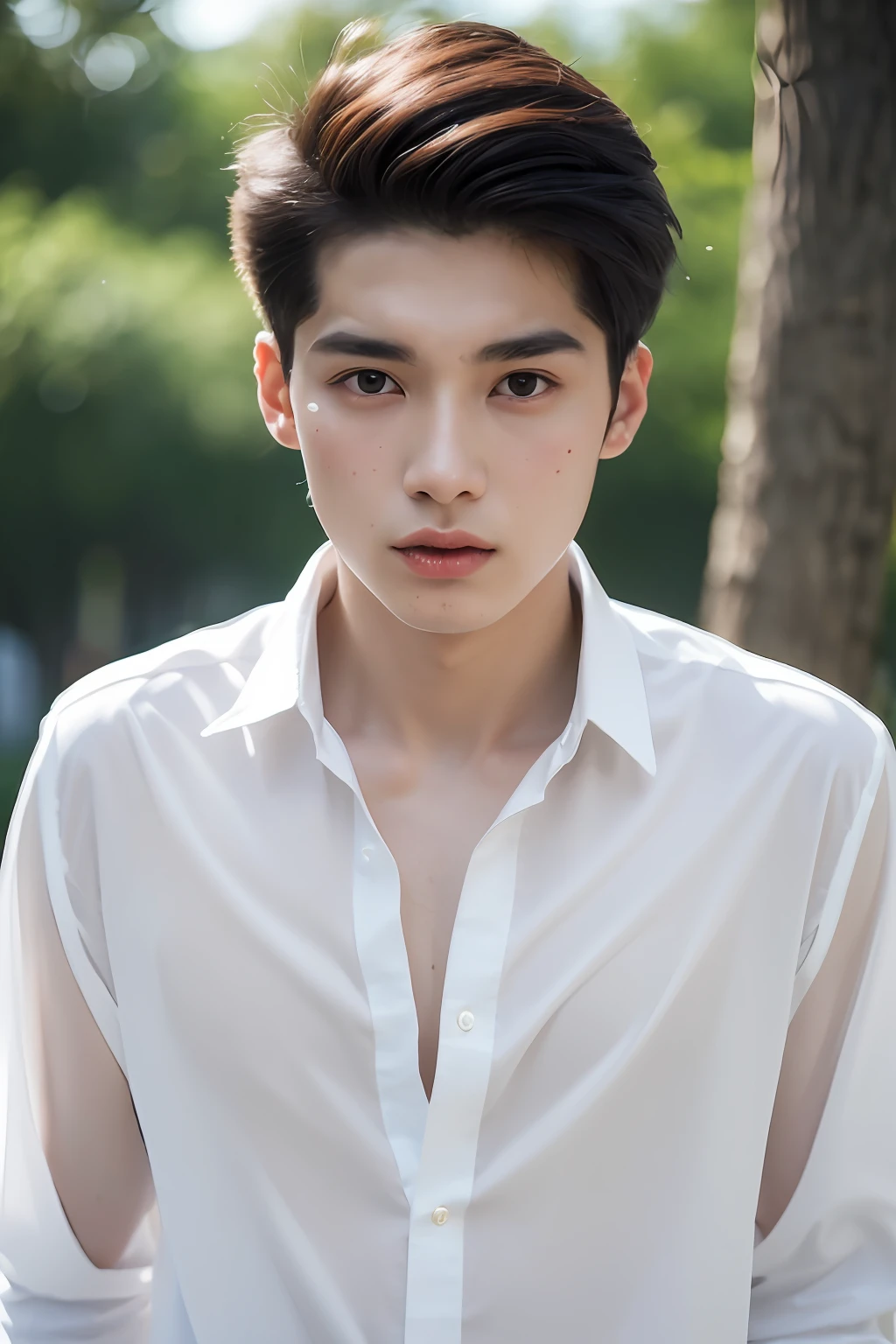 ( (8K:1.27), 4K，best qualtiy, tmasterpiece, 超高分辨率:1.2) Chinese man photo, young  male，Perfect face，perfect bodies，white  shirt，clothes see-through，Expose abs，realskin，super detailing