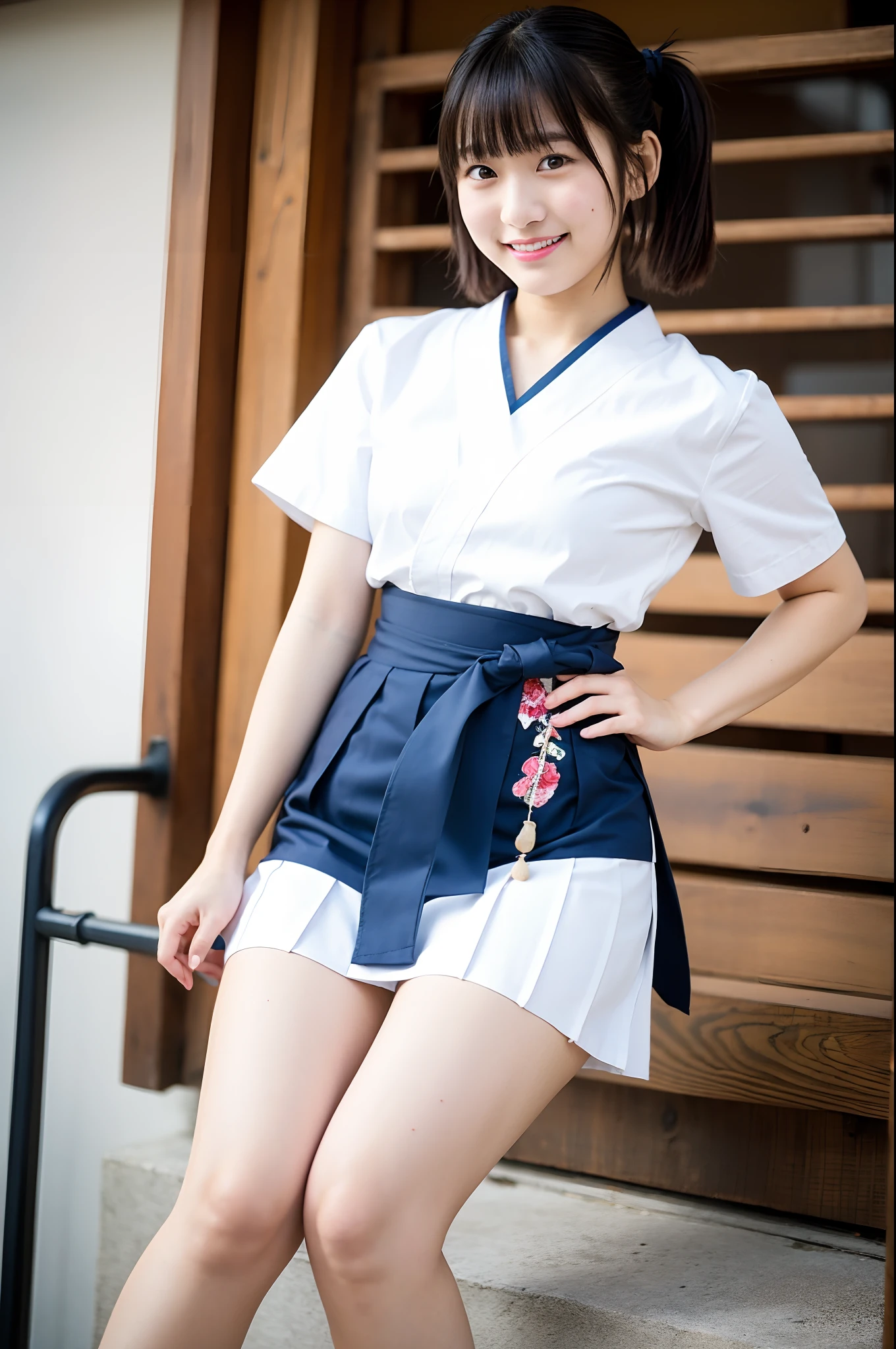 table top, highest quality, 8k, I'm , teen, RAW ph absurd, award winning portrait, smile, smile, alone, idol face, viola lace, gardenia, delicate girl, Upper body,full body shot, Digital single-lens reflex camera, looking at the viewer, Frank, Sophisticated, Zora々right, thin arms,small mouth,cute face, Beautiful and slim legs、professional lighting, film grain, chromatic aberration, (Eye and face details:1.0), (Bokeh:1.1), japanese kimono、shrine maiden costume、high school girl、shrine、river、torii、beautiful slim legs、