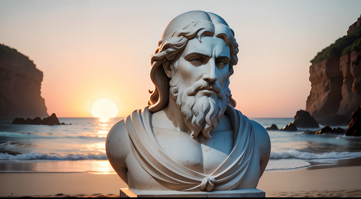 Greek statue of a Stoic philosopher, Musical, com barba, na praia olhando para as ondas calmas do mar ao entardecer, refletindo a serenidade interior que buscamos., 4k,De 16x9