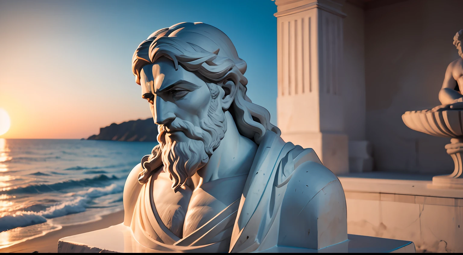 Greek statue of a Stoic philosopher, Musical, com barba, na praia olhando para as ondas calmas do mar ao entardecer, refletindo a serenidade interior que buscamos., 4k,De 16x9