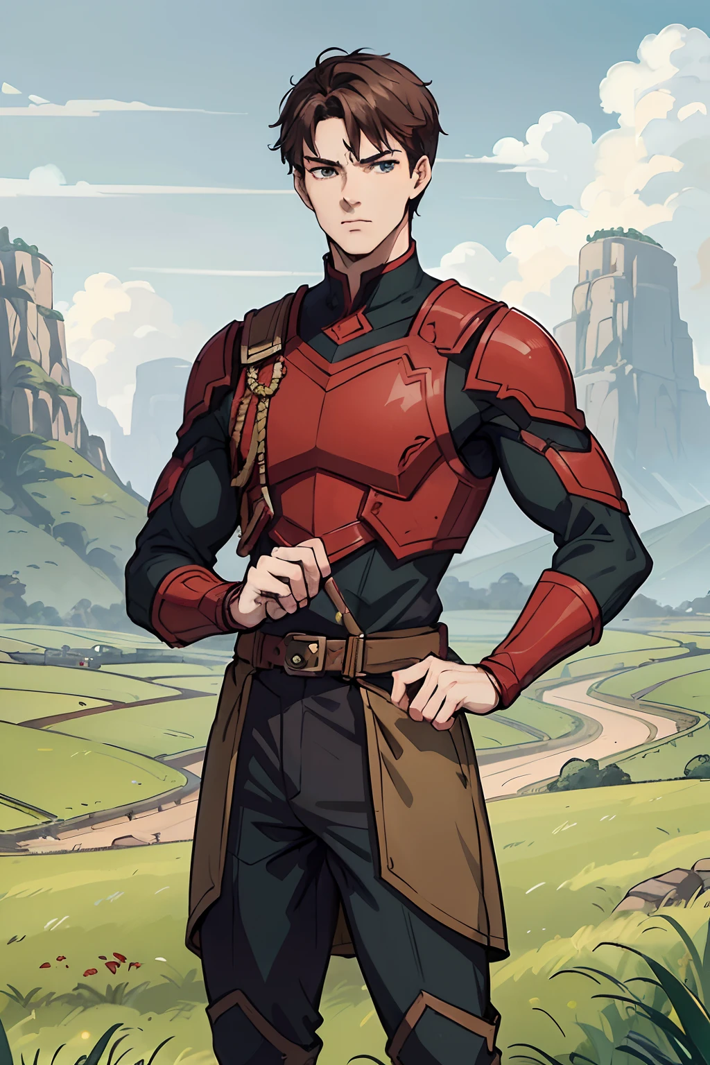 Adventurers Uniform, only dark grey and red clothing colour, young man, 20 years, light brown hair, short hair, green blue eyes, muscular, tall, 6.3 foot tall, serious pose, serious face, strong, masterpiece, fields background, dirt path background, adventurer world